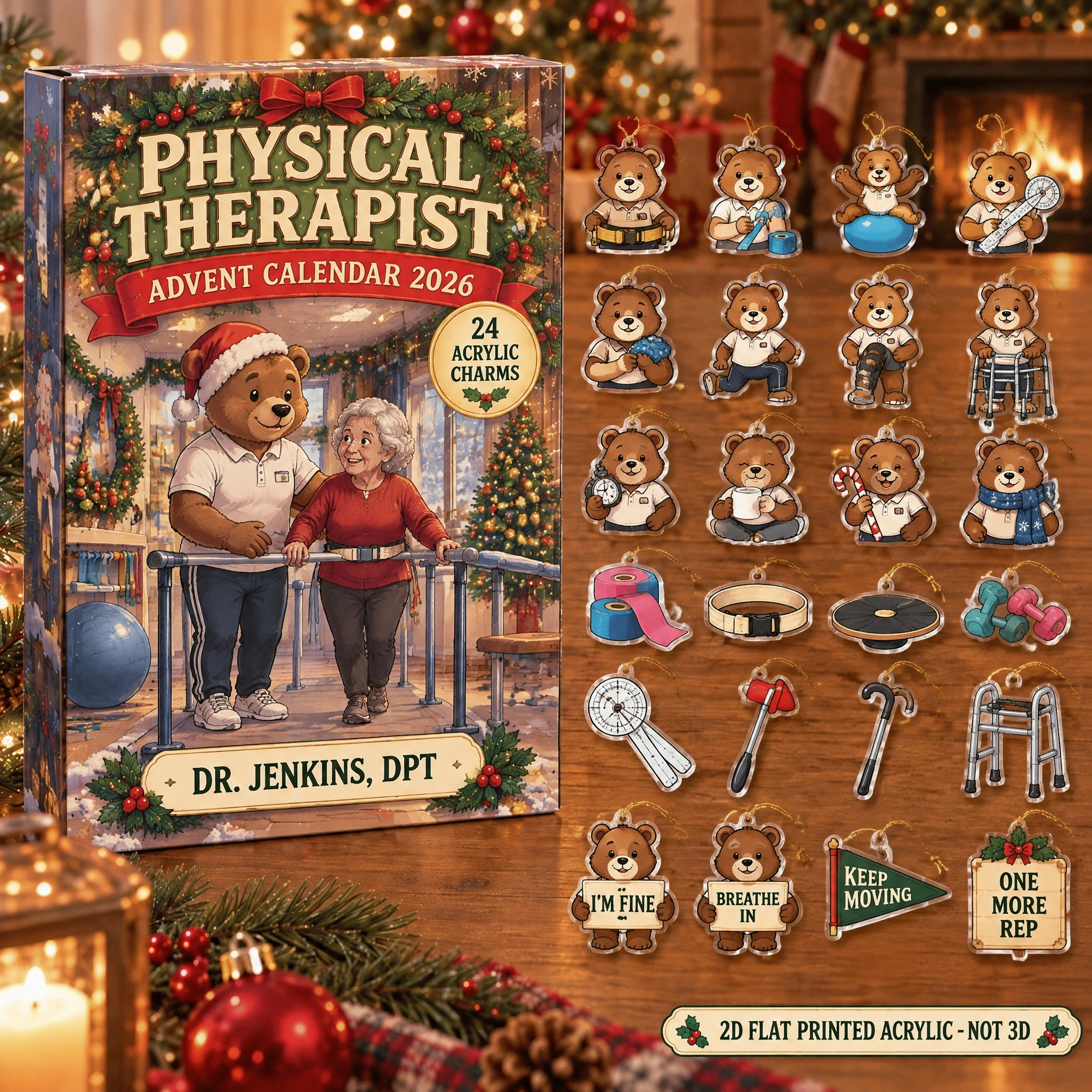 Personalized Physical Therapist Bear advent calendar box with 24 flat acrylic Christmas charms