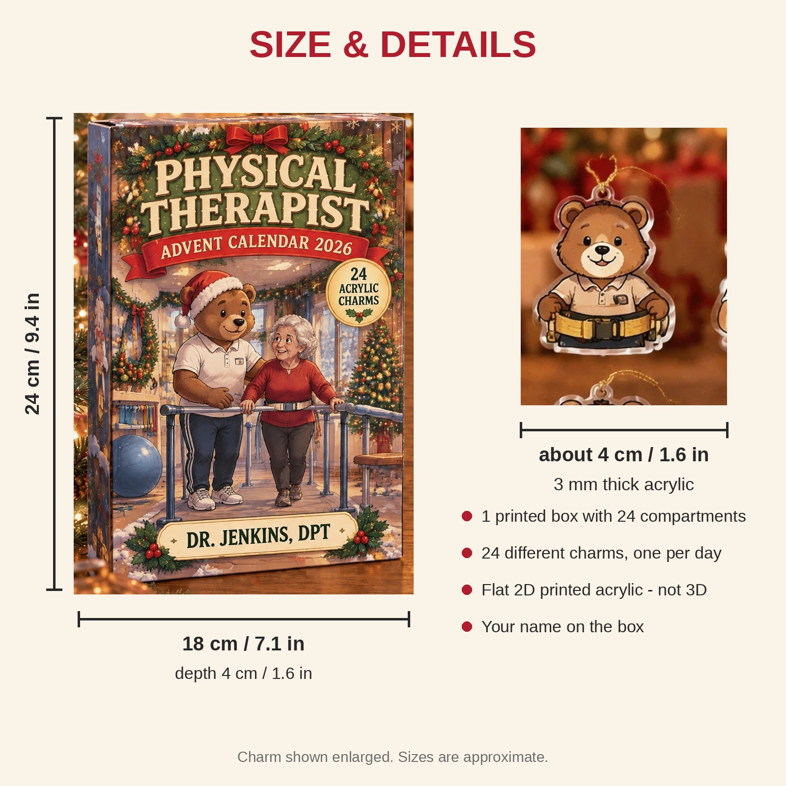Personalized Physical Therapist Bear advent calendar box with 24 flat acrylic Christmas charms: box and charm sizes