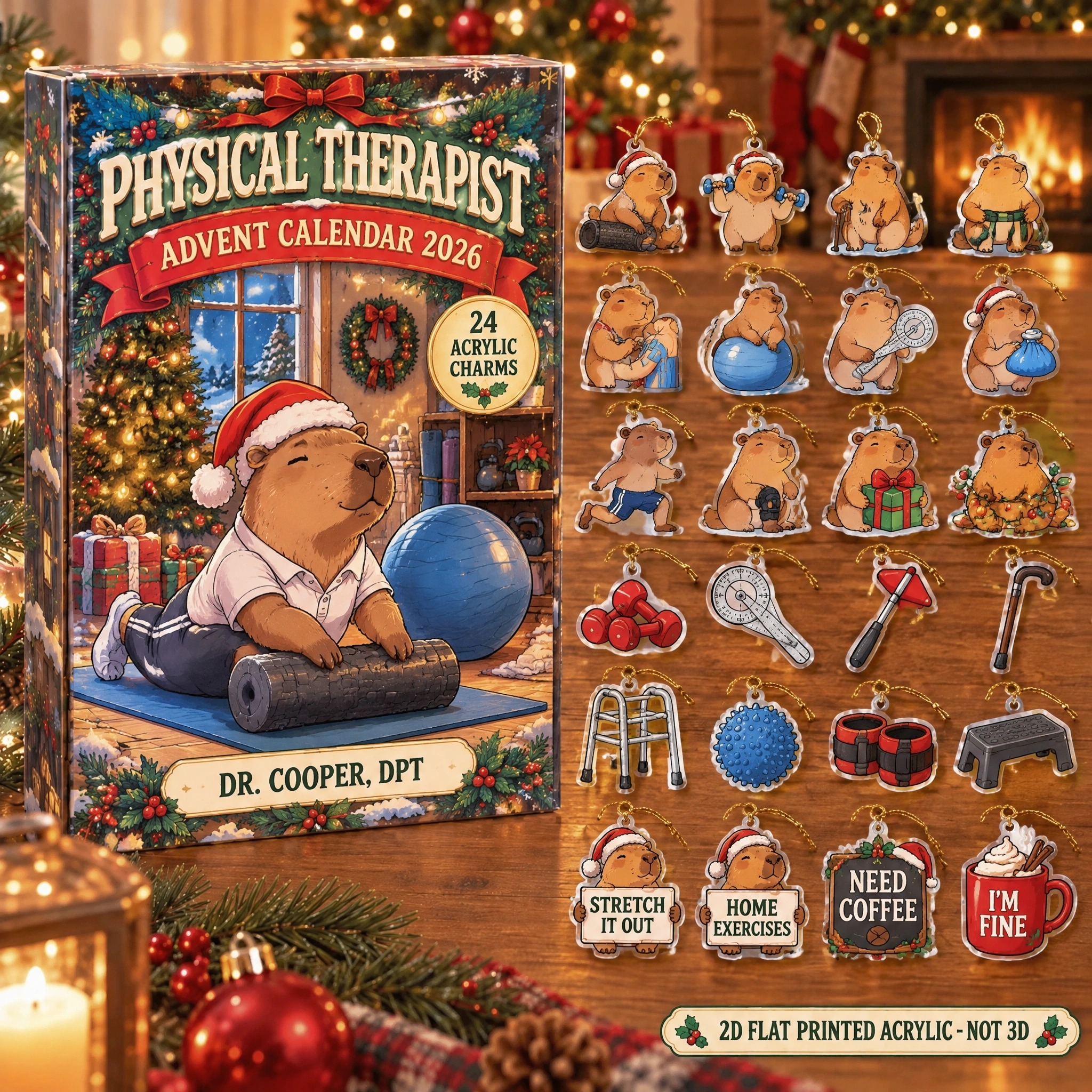 Personalized Physical Therapist Capybara advent calendar box with 24 flat acrylic Christmas charms