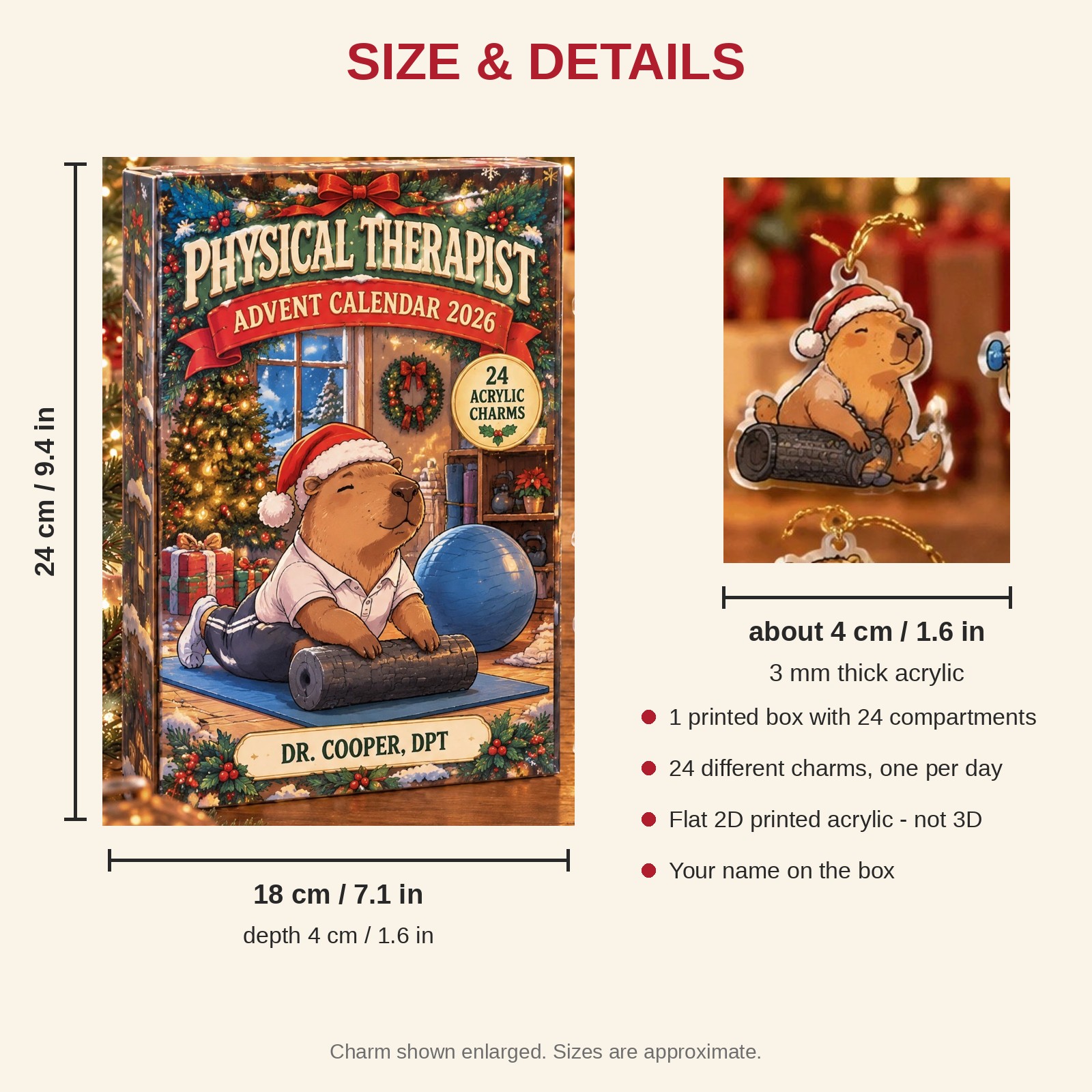 Personalized Physical Therapist Capybara advent calendar box with 24 flat acrylic Christmas charms: box and charm sizes