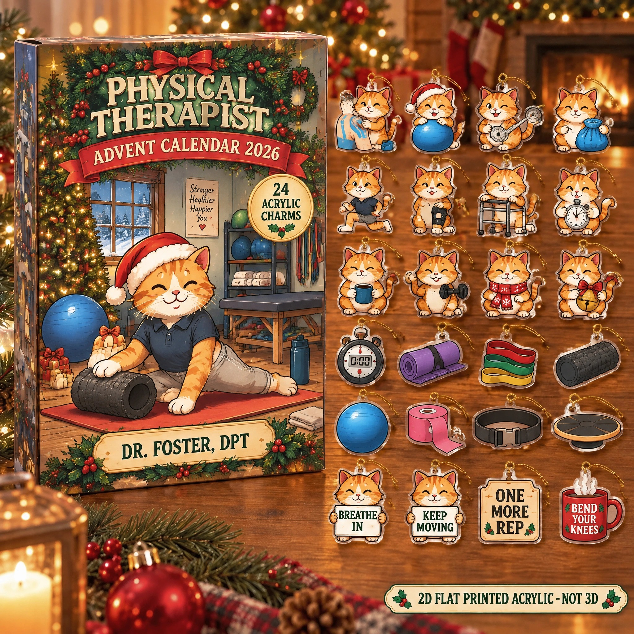 Personalized Physical Therapist Cat advent calendar box with 24 flat acrylic Christmas charms