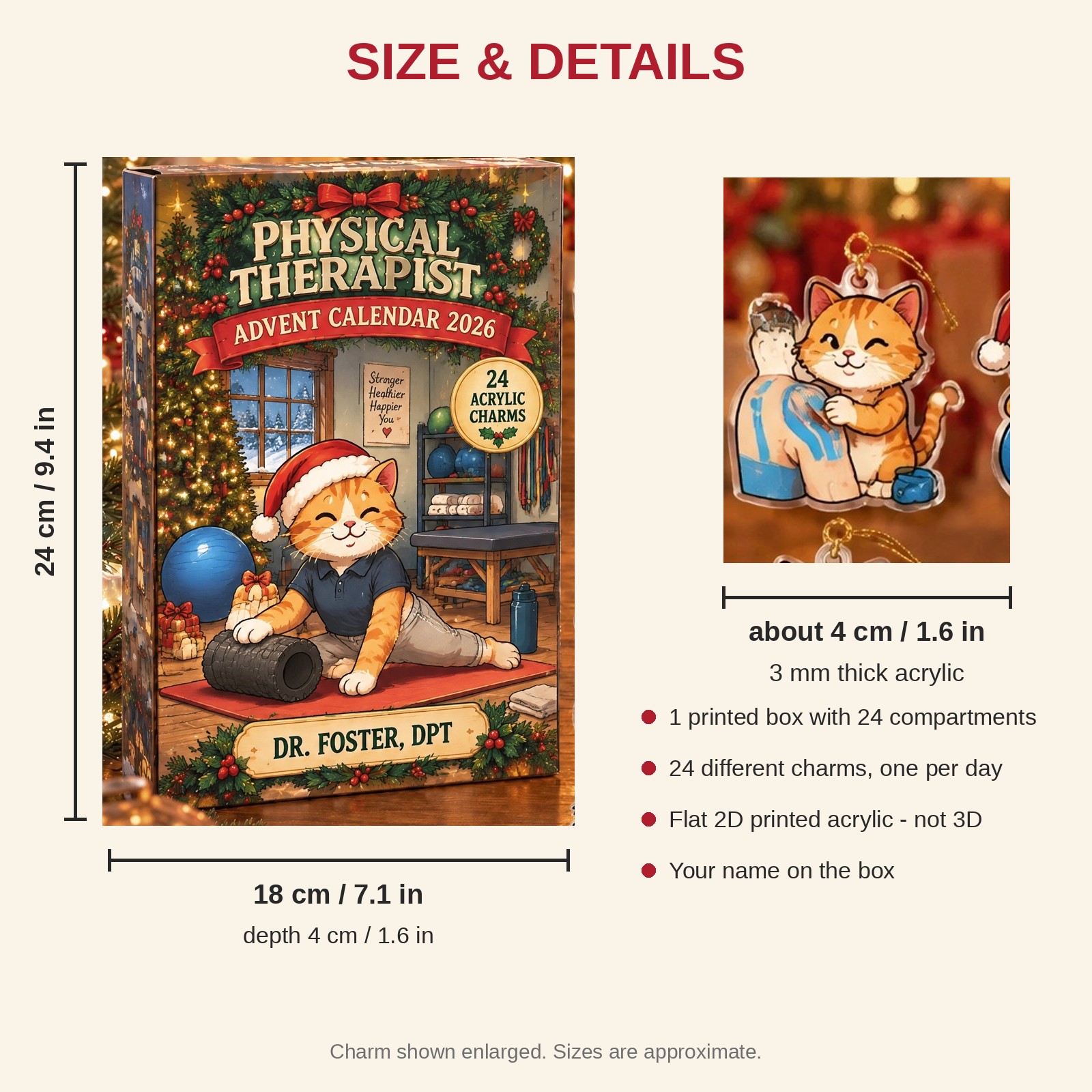 Personalized Physical Therapist Cat advent calendar box with 24 flat acrylic Christmas charms: box and charm sizes