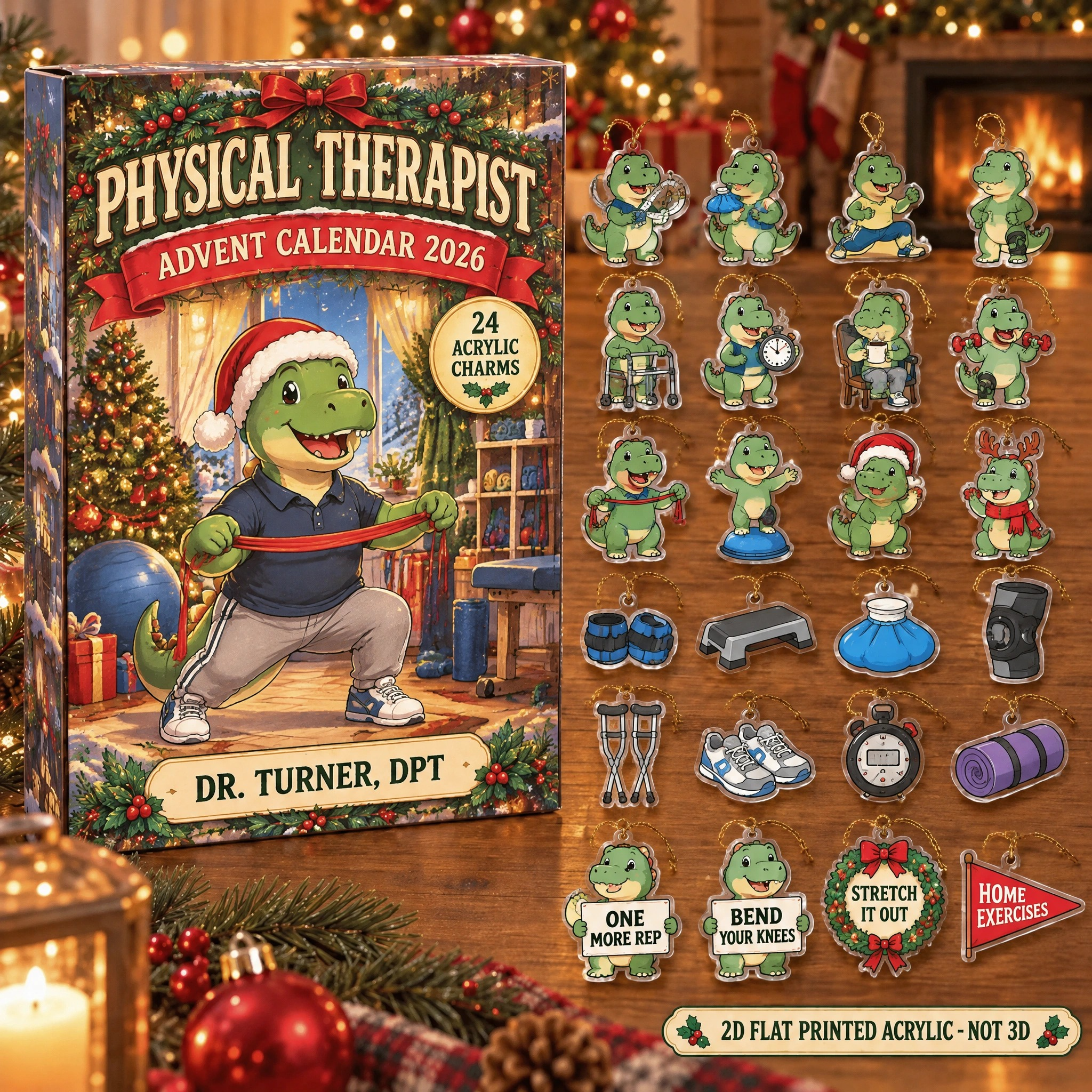 Personalized Physical Therapist Dinosaur advent calendar box with 24 flat acrylic Christmas charms