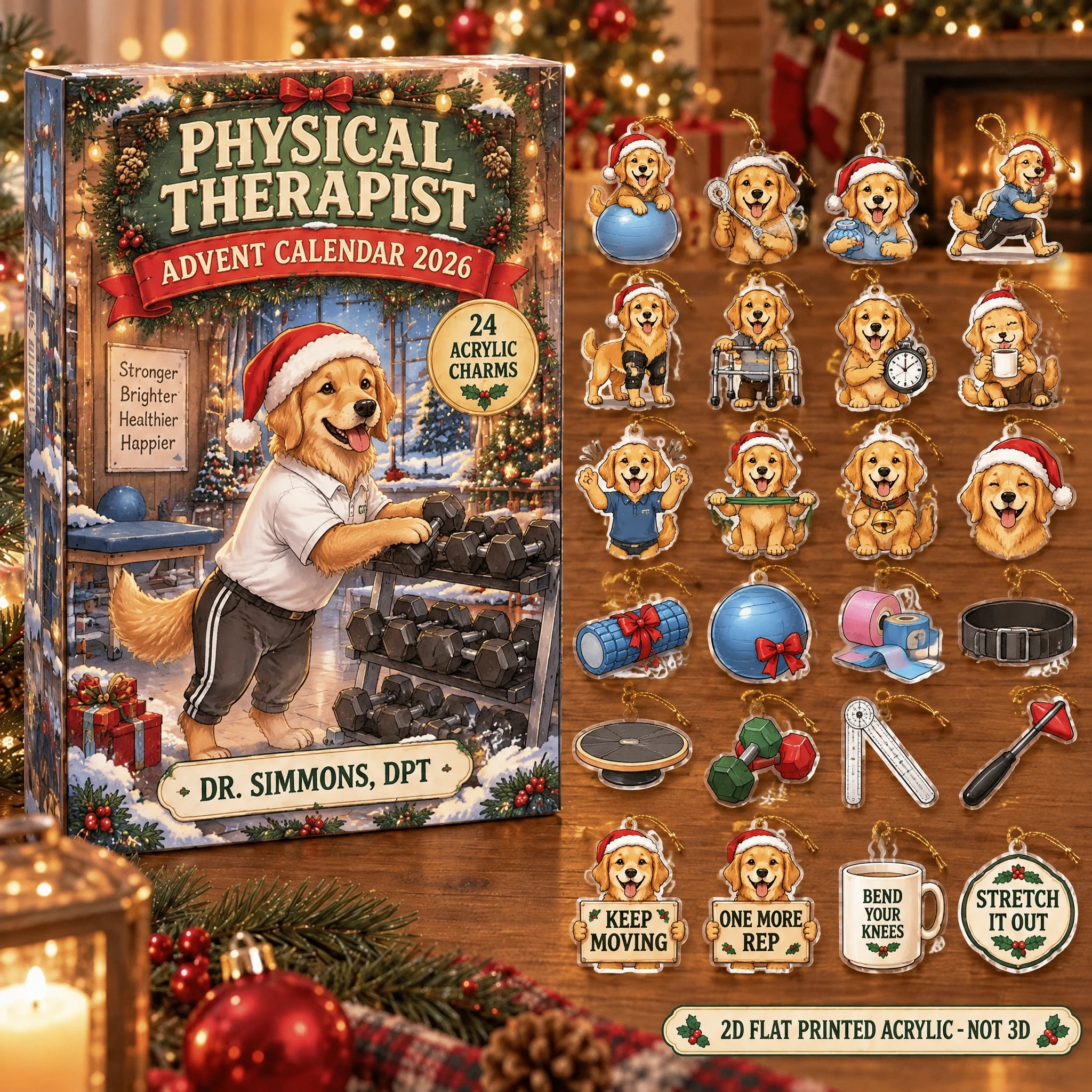 Personalized Physical Therapist Dog advent calendar box with 24 flat acrylic Christmas charms