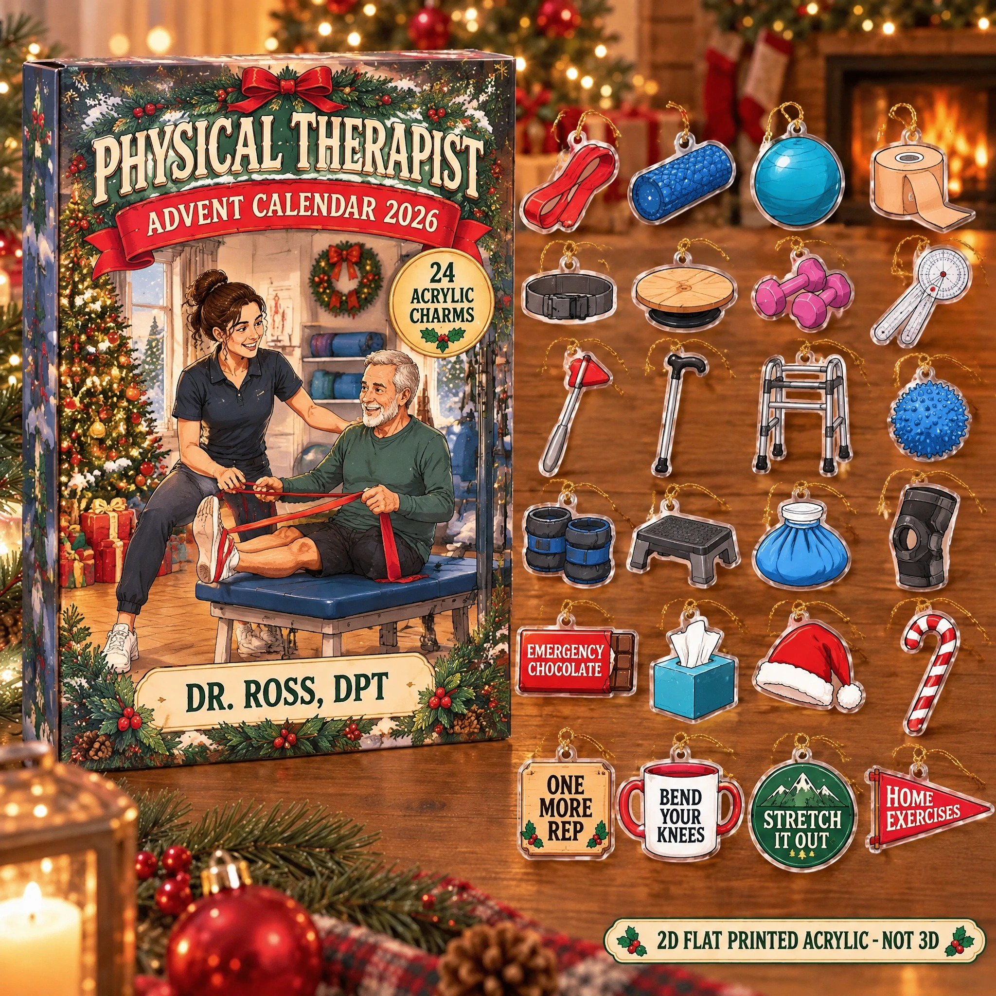 Personalized Physical Therapy Essentials advent calendar box with 24 flat acrylic Christmas charms
