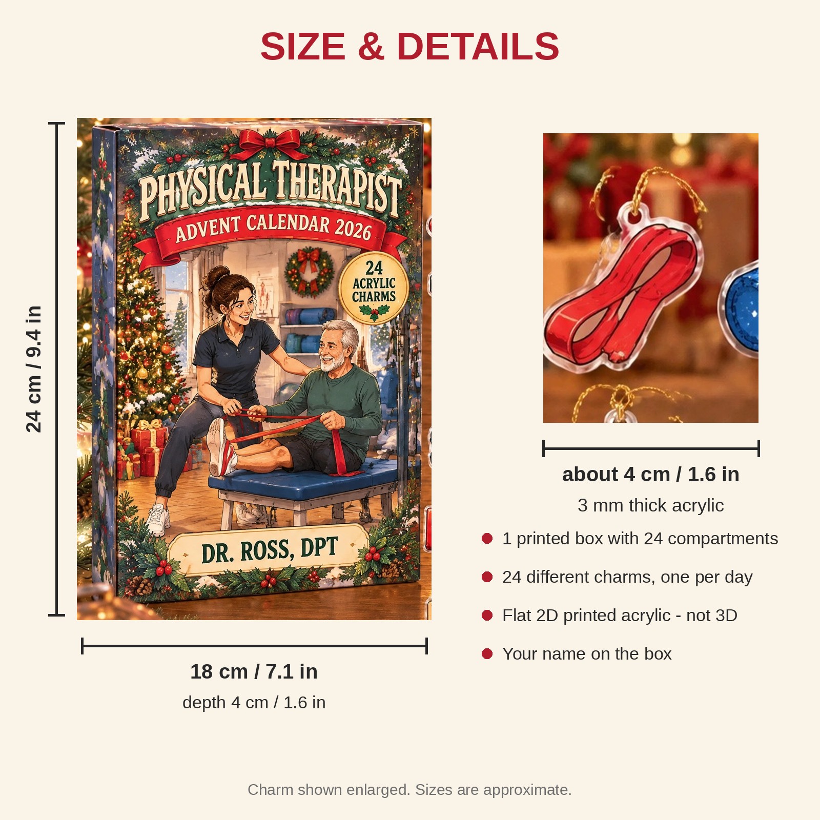 Personalized Physical Therapy Essentials advent calendar box with 24 flat acrylic Christmas charms: box and charm sizes