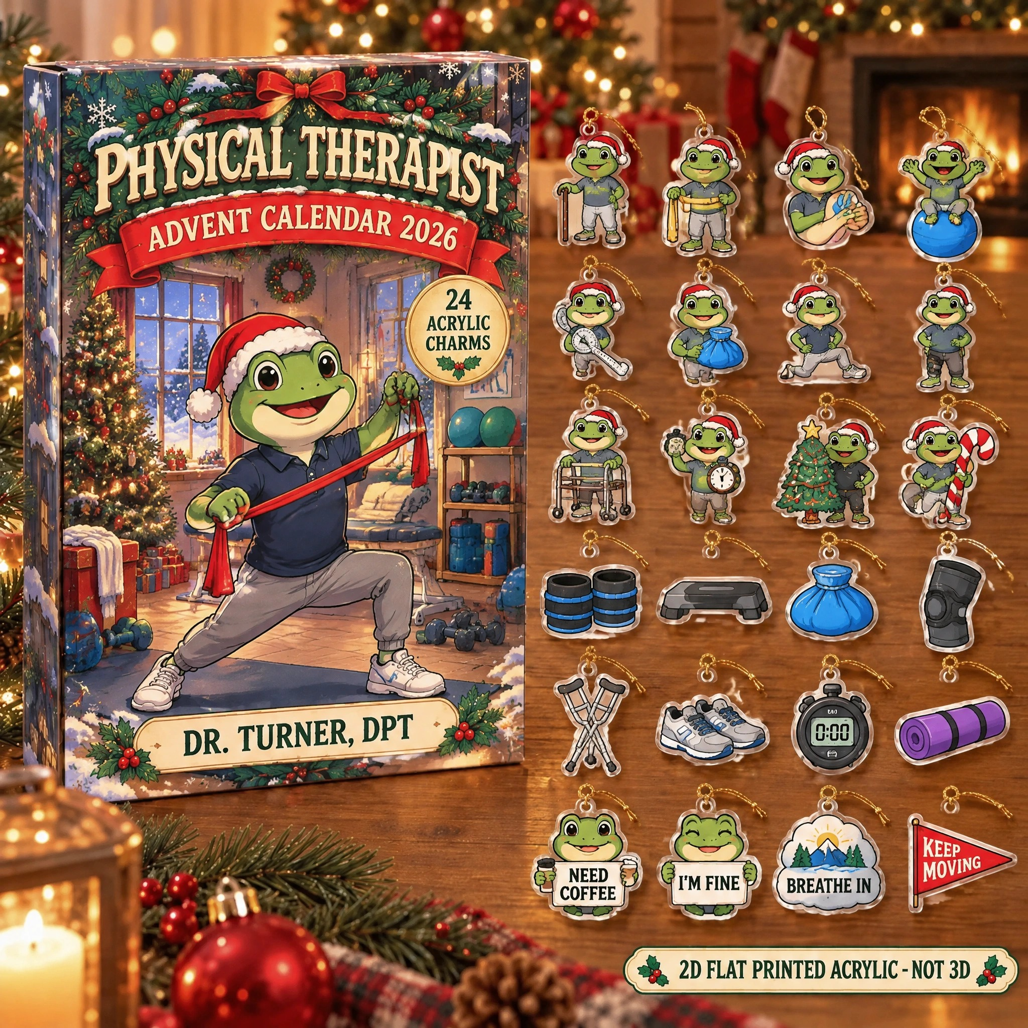 Personalized Physical Therapist Frog advent calendar box with 24 flat acrylic Christmas charms