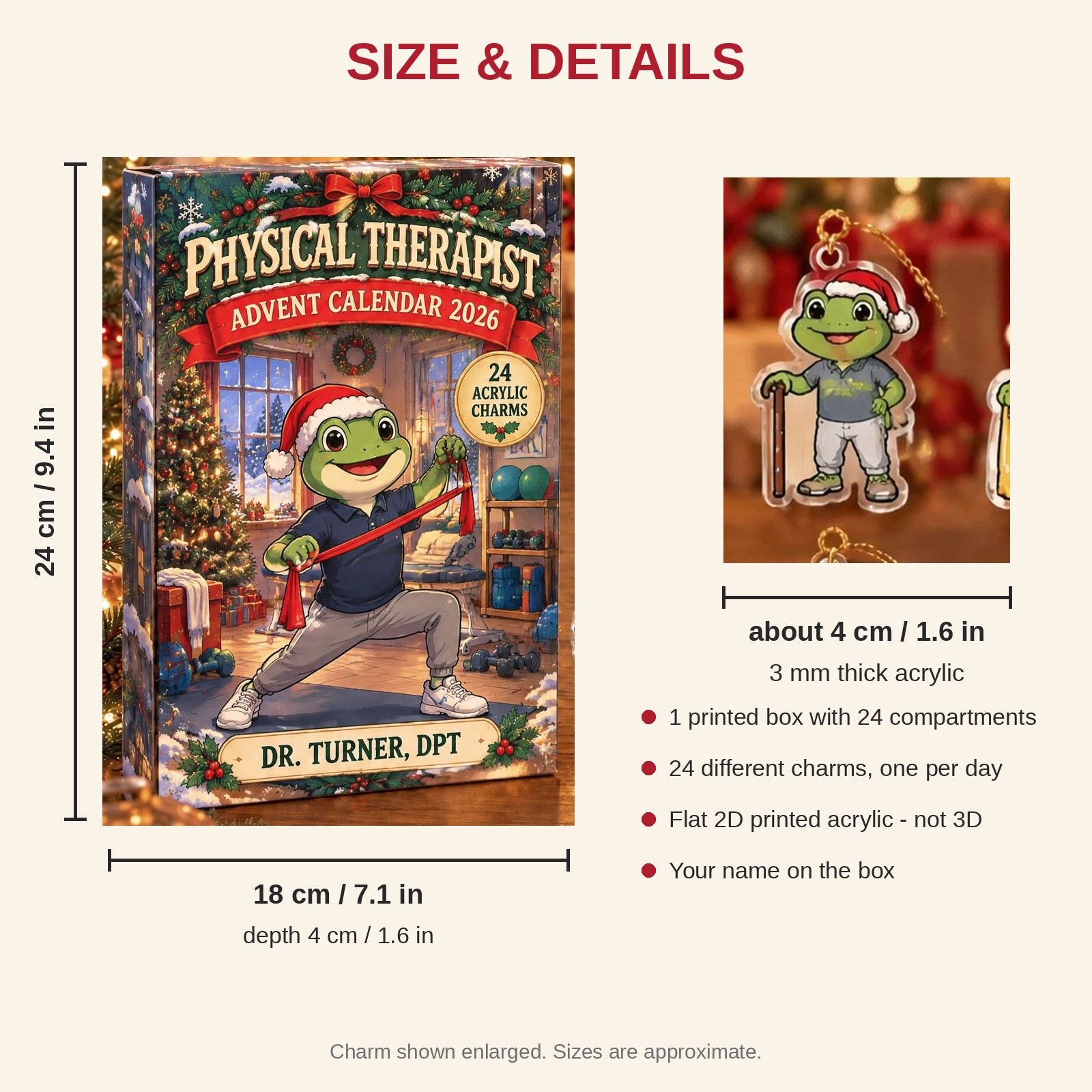 Personalized Physical Therapist Frog advent calendar box with 24 flat acrylic Christmas charms: box and charm sizes