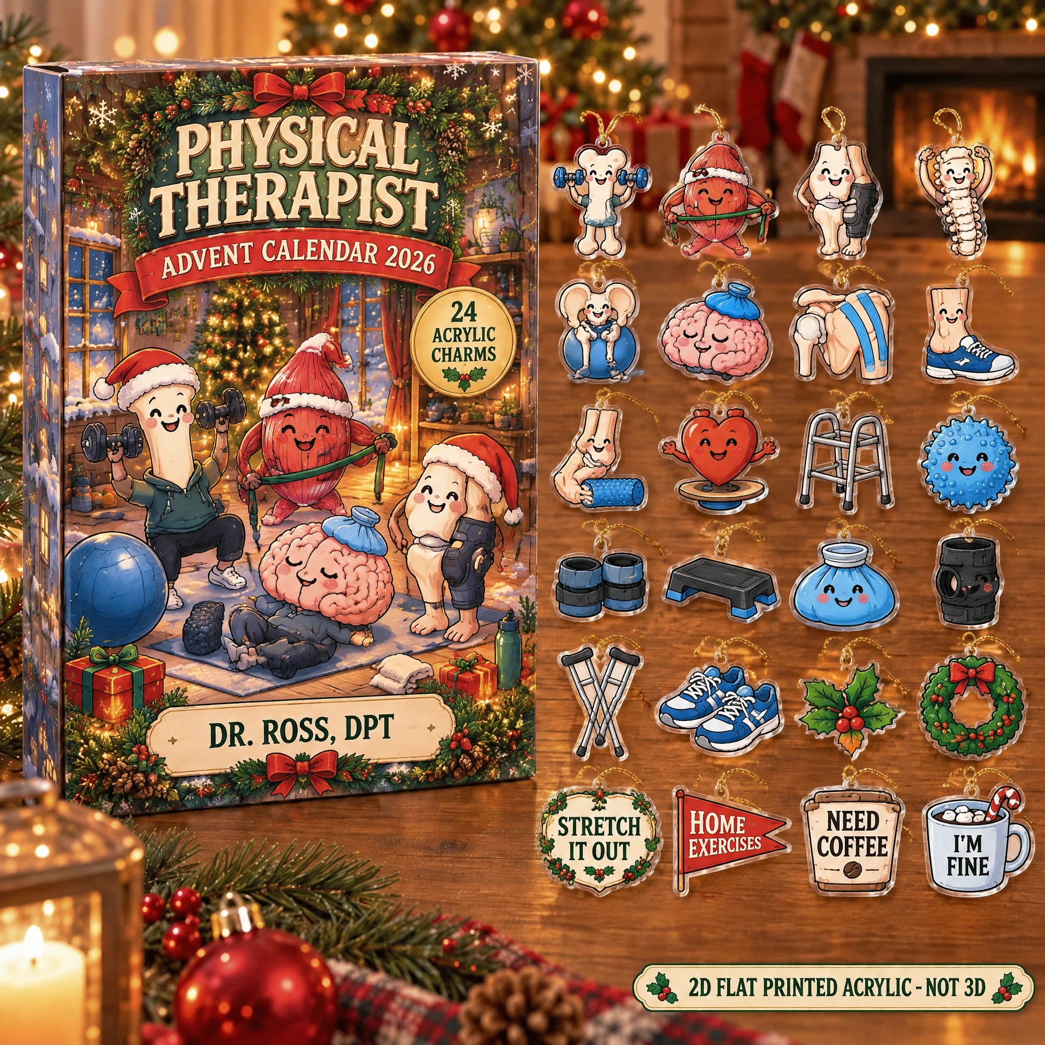 Personalized Funny Anatomy PT advent calendar box with 24 flat acrylic Christmas charms
