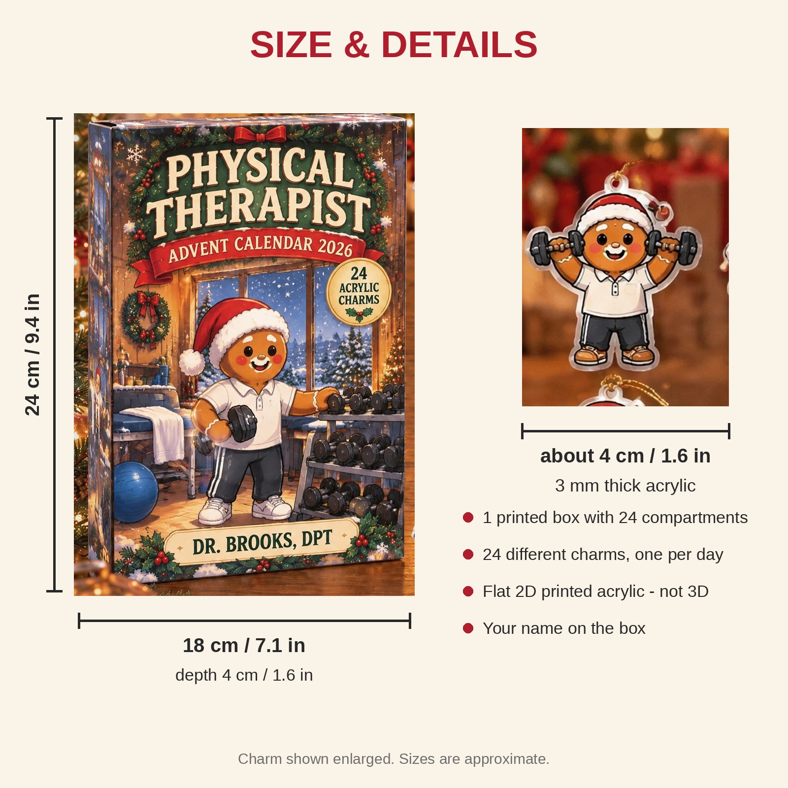 Personalized Physical Therapy Gingerbread advent calendar box with 24 flat acrylic Christmas charms: box and charm sizes