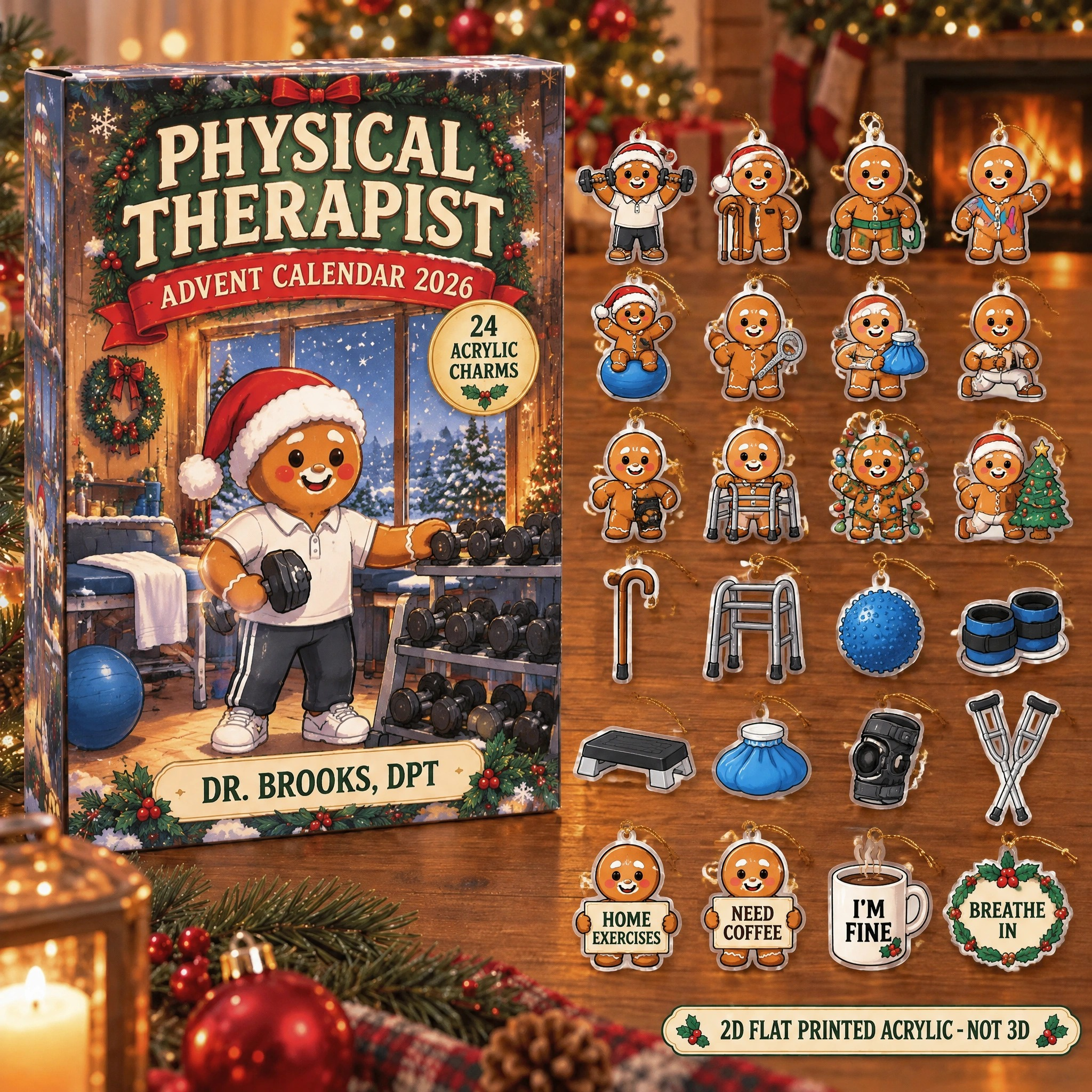 Personalized Physical Therapy Gingerbread advent calendar box with 24 flat acrylic Christmas charms