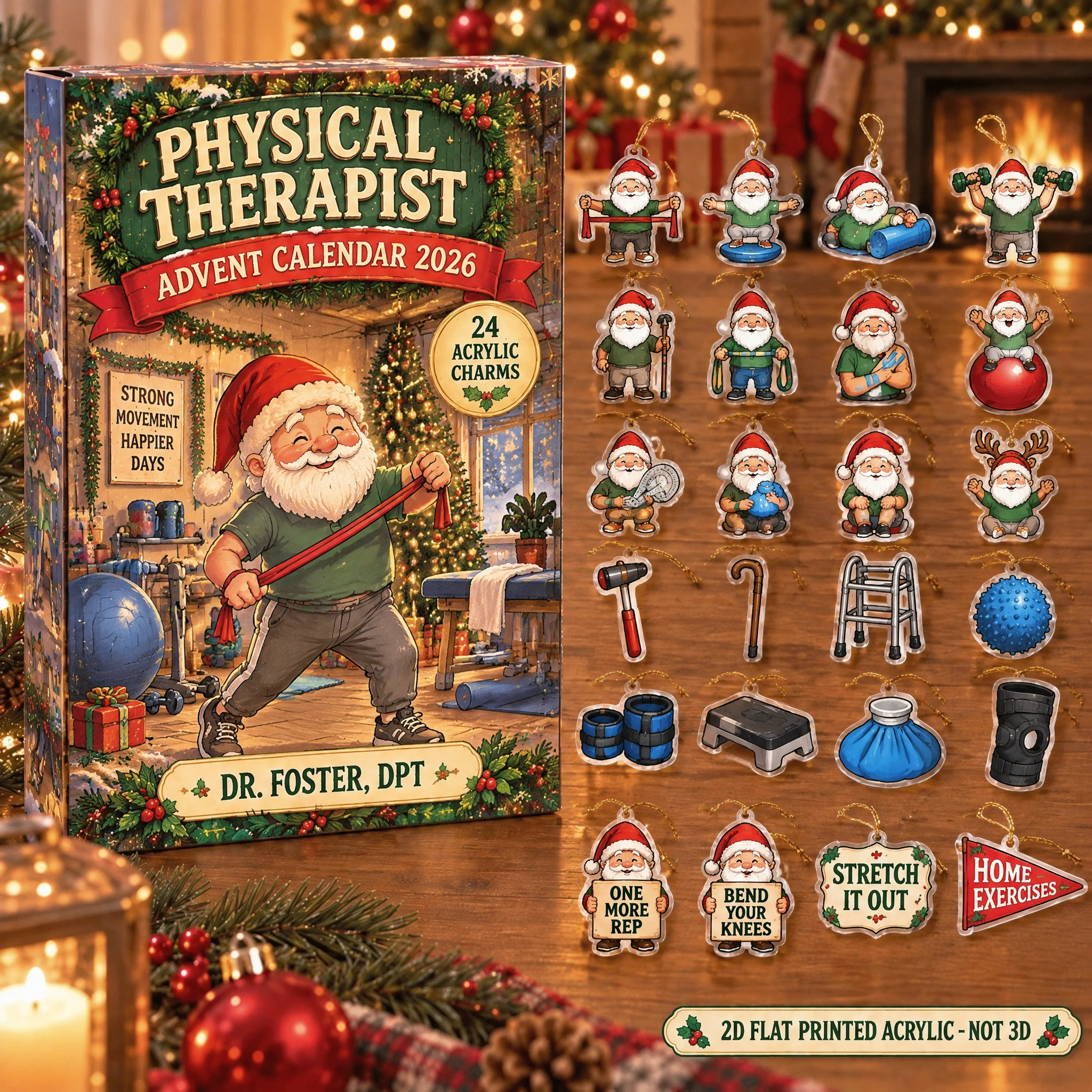Personalized Physical Therapist Gnome advent calendar box with 24 flat acrylic Christmas charms