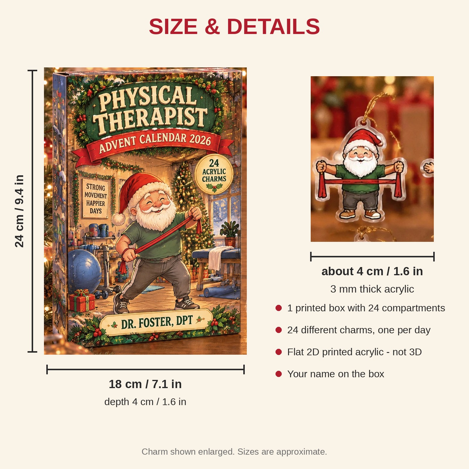 Personalized Physical Therapist Gnome advent calendar box with 24 flat acrylic Christmas charms: box and charm sizes