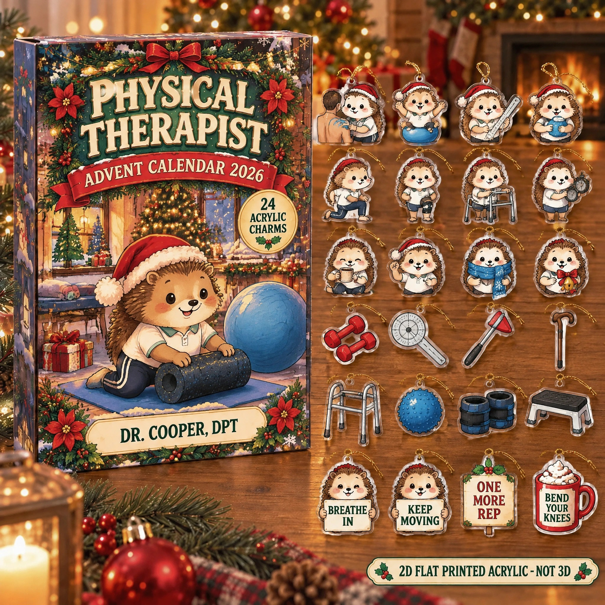 Personalized Physical Therapist Hedgehog advent calendar box with 24 flat acrylic Christmas charms