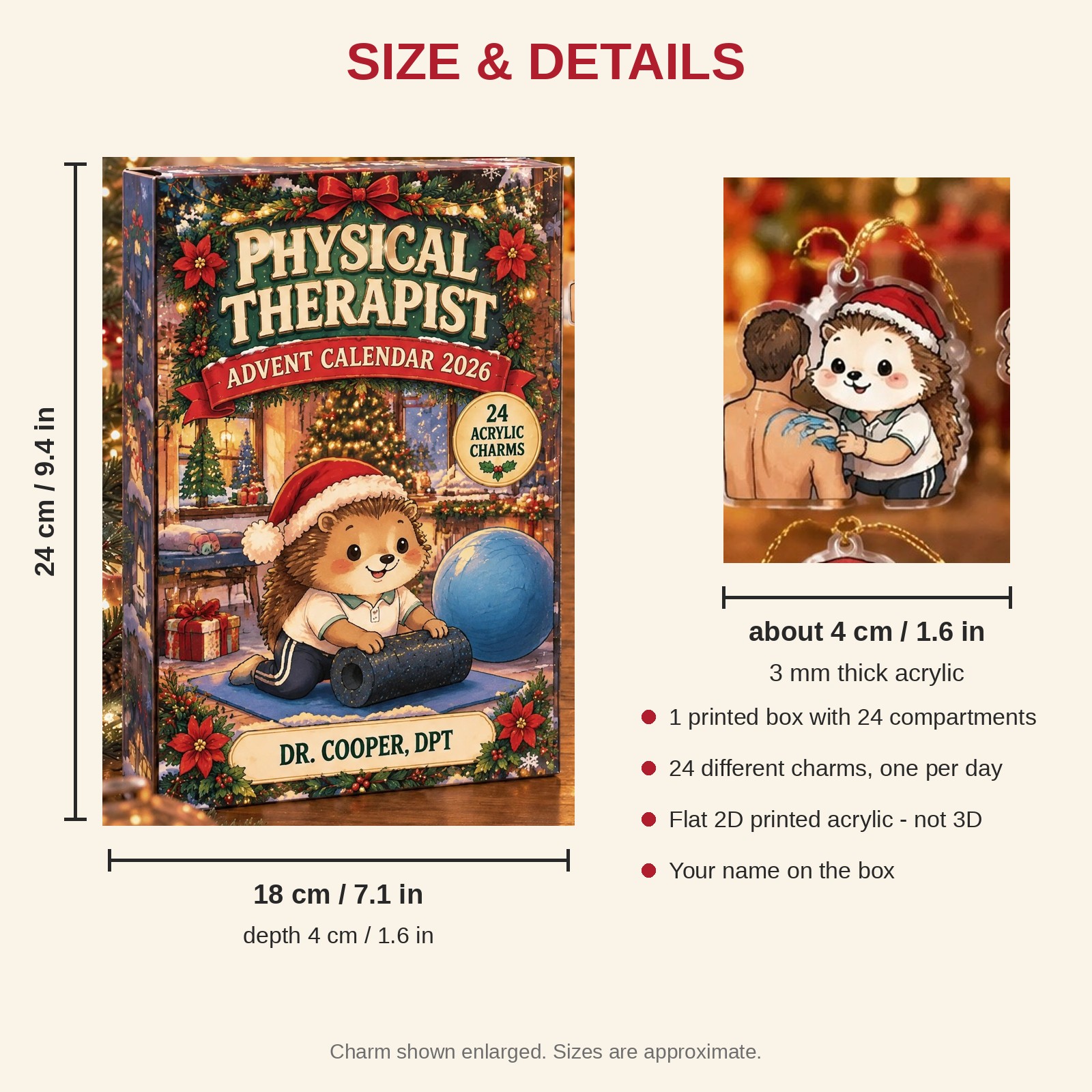 Personalized Physical Therapist Hedgehog advent calendar box with 24 flat acrylic Christmas charms: box and charm sizes
