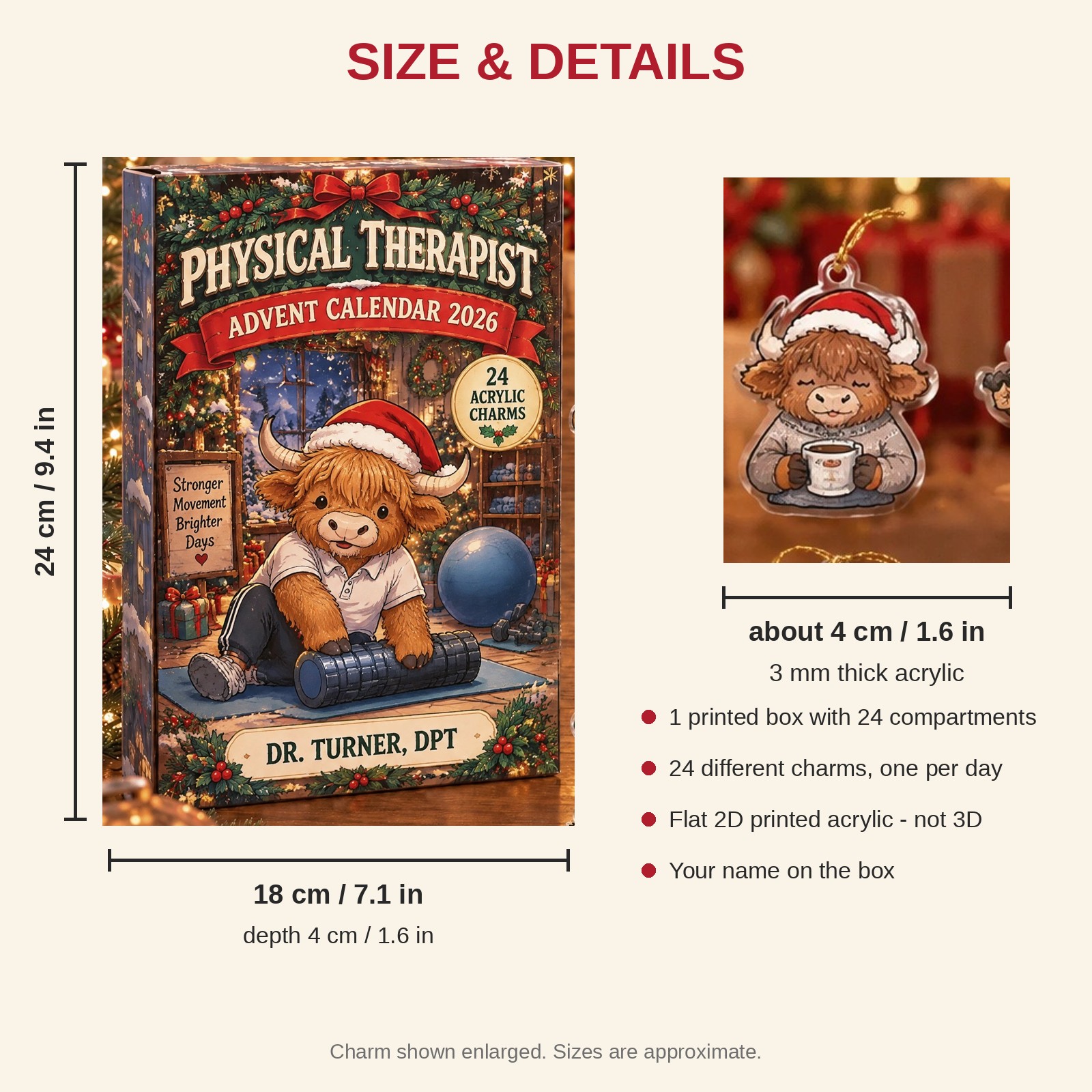 Personalized PT Highland Cow advent calendar box with 24 flat acrylic Christmas charms: box and charm sizes