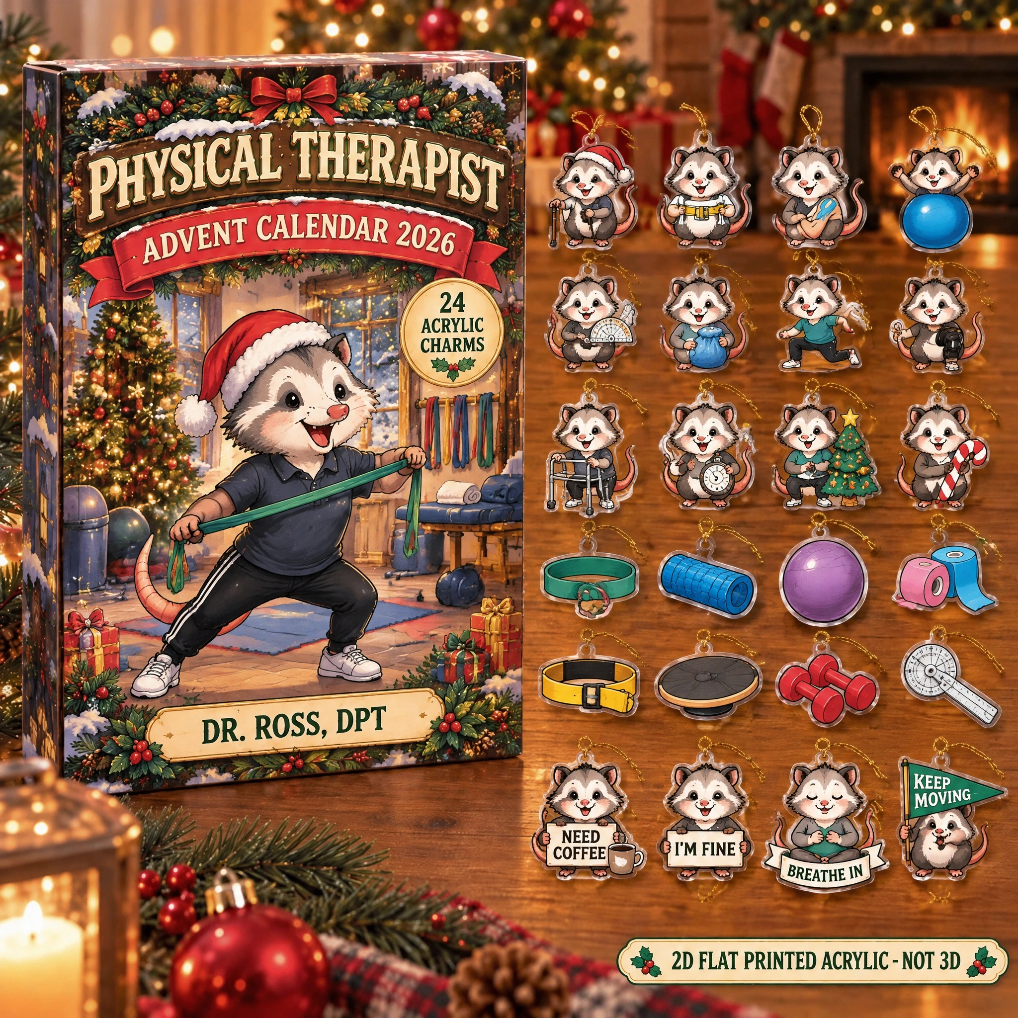 Personalized Physical Therapist Opossum advent calendar box with 24 flat acrylic Christmas charms