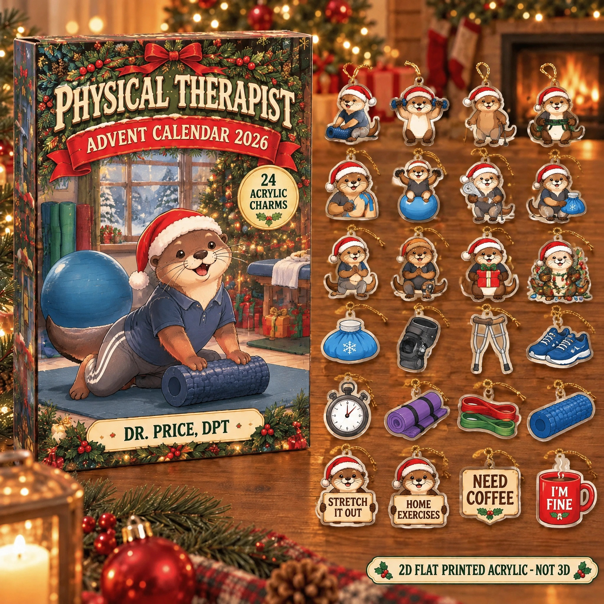 Personalized Physical Therapist Otter advent calendar box with 24 flat acrylic Christmas charms