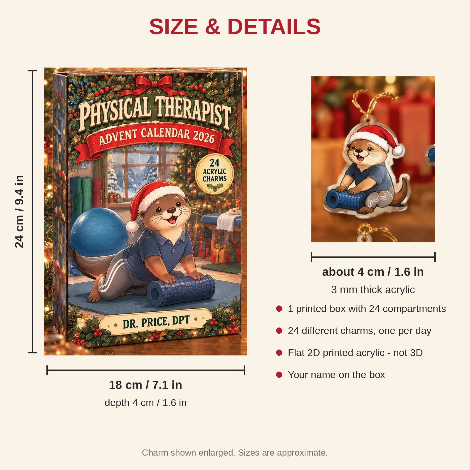 Personalized Physical Therapist Otter advent calendar box with 24 flat acrylic Christmas charms: box and charm sizes
