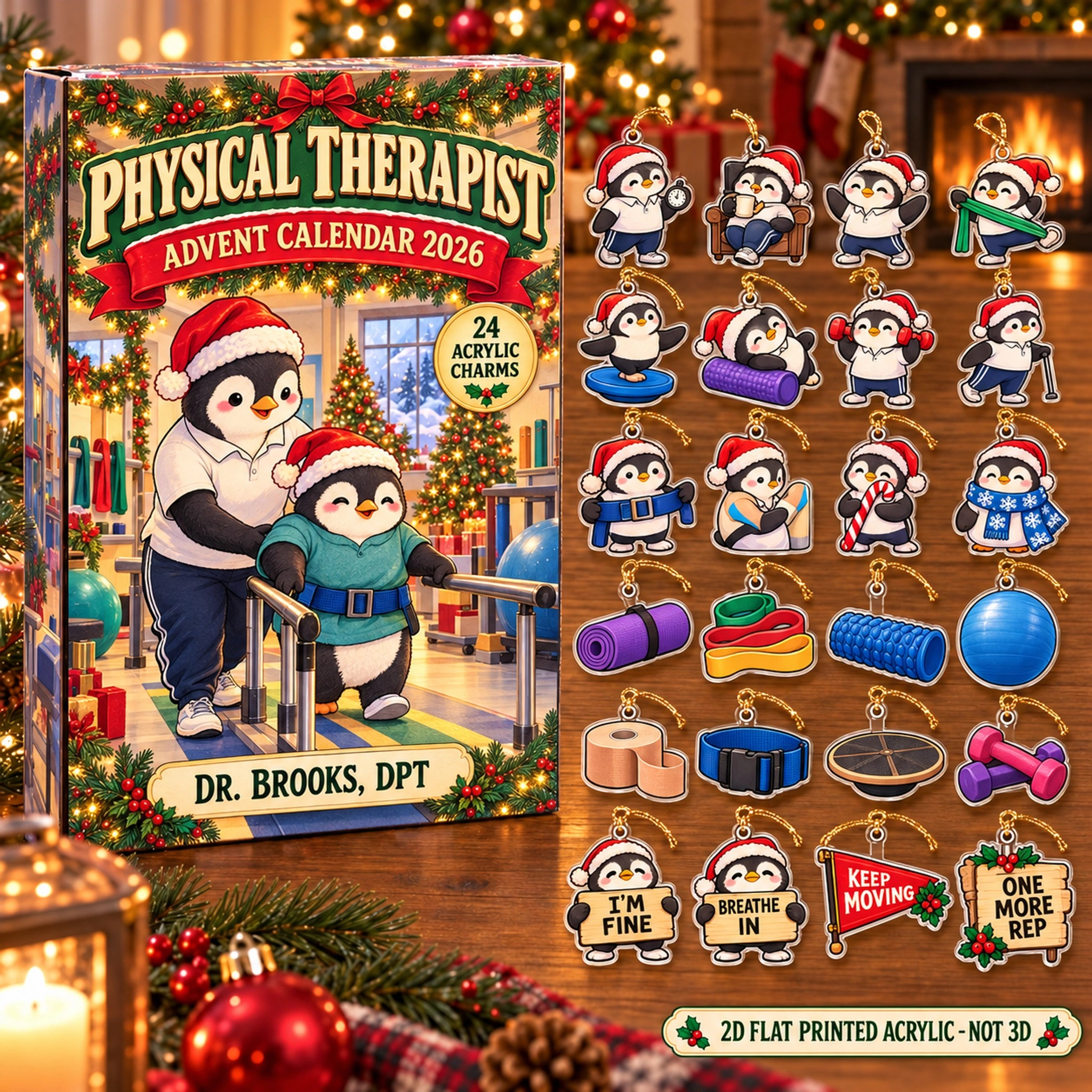 Personalized Physical Therapist Penguin advent calendar box with 24 flat acrylic Christmas charms