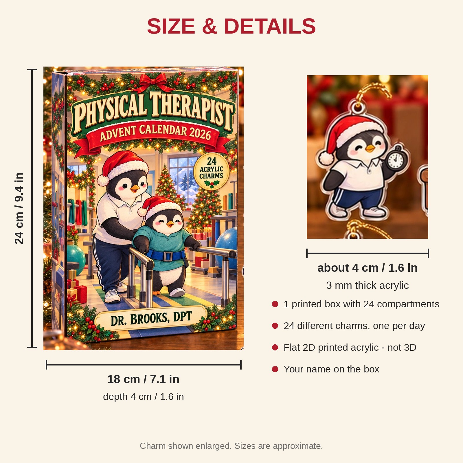 Personalized Physical Therapist Penguin advent calendar box with 24 flat acrylic Christmas charms: box and charm sizes
