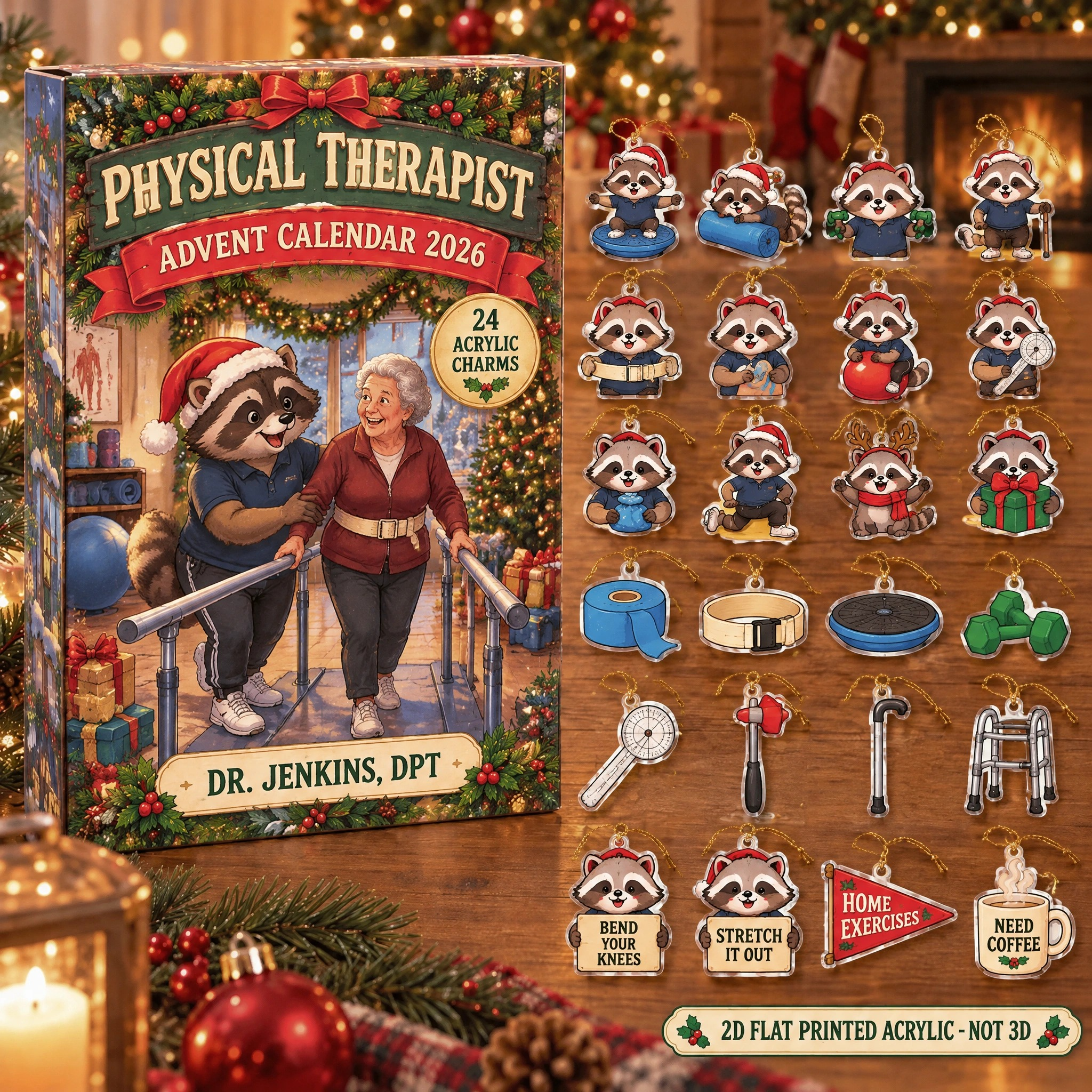Personalized Physical Therapist Raccoon advent calendar box with 24 flat acrylic Christmas charms