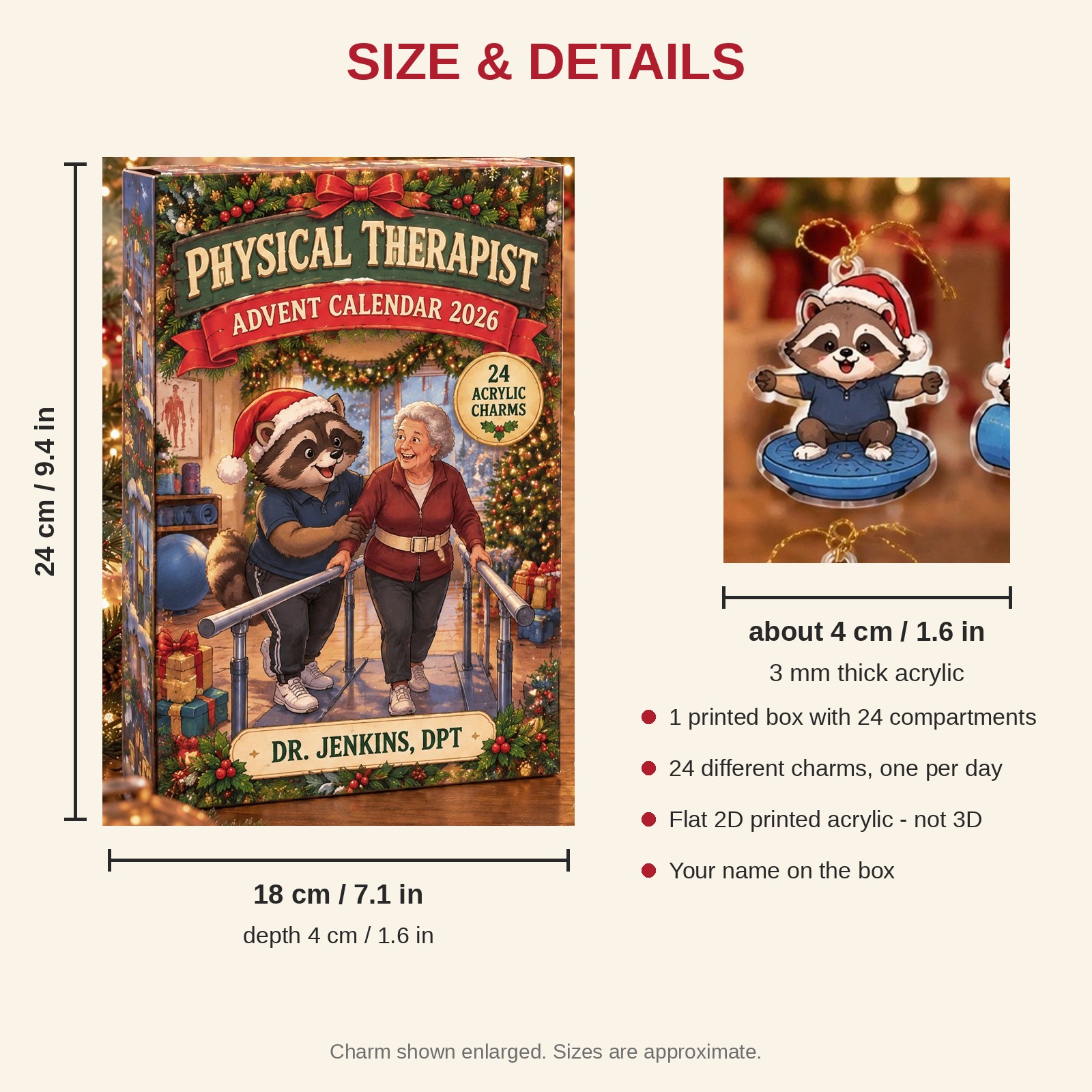 Personalized Physical Therapist Raccoon advent calendar box with 24 flat acrylic Christmas charms: box and charm sizes