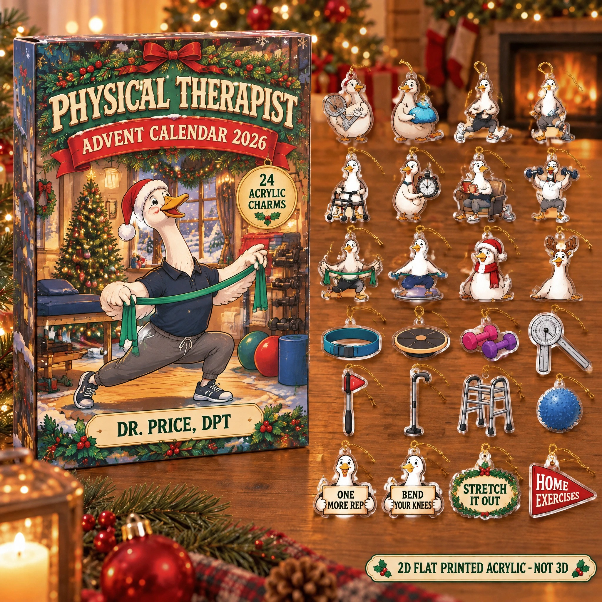 Personalized Physical Therapy Silly Goose advent calendar box with 24 flat acrylic Christmas charms