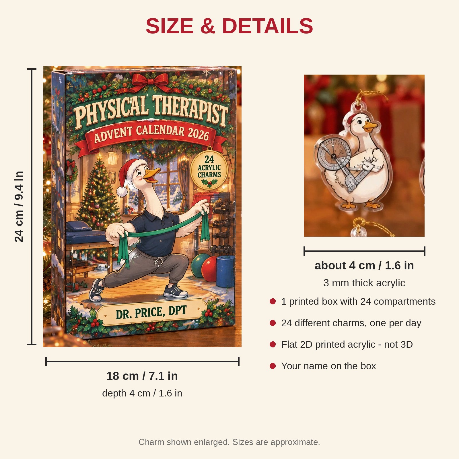 Personalized Physical Therapy Silly Goose advent calendar box with 24 flat acrylic Christmas charms: box and charm sizes