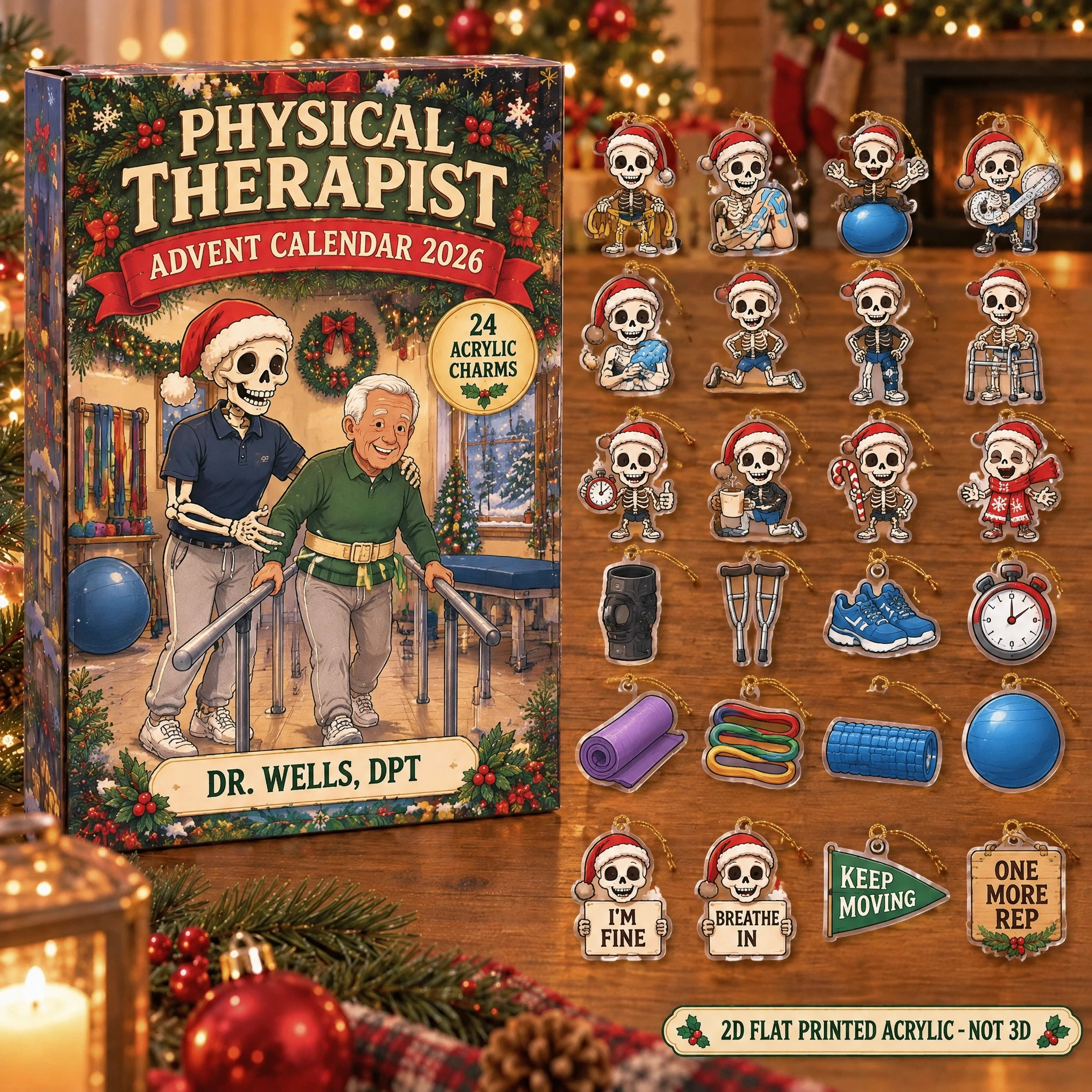 Personalized Physical Therapist Skeleton advent calendar box with 24 flat acrylic Christmas charms