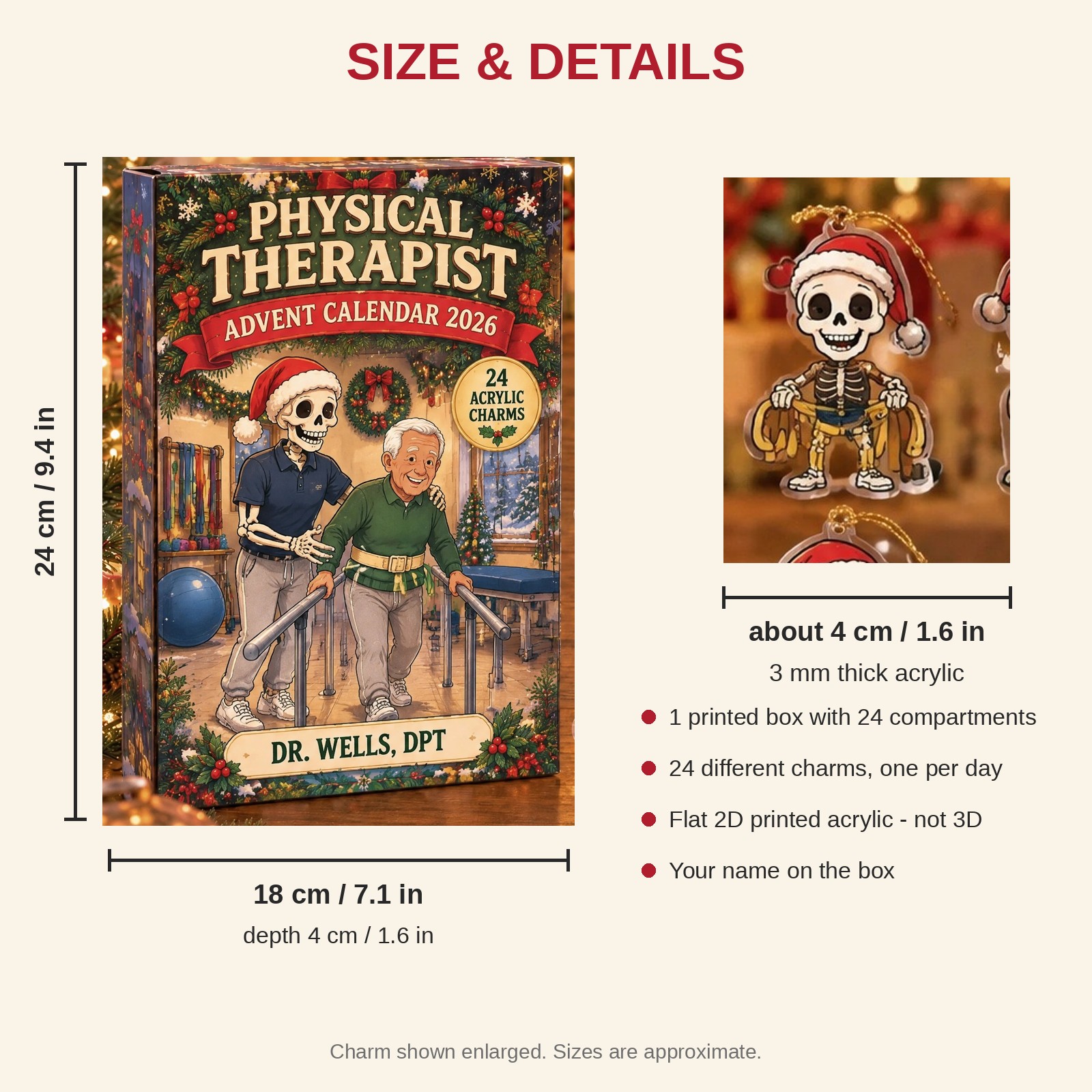 Personalized Physical Therapist Skeleton advent calendar box with 24 flat acrylic Christmas charms: box and charm sizes