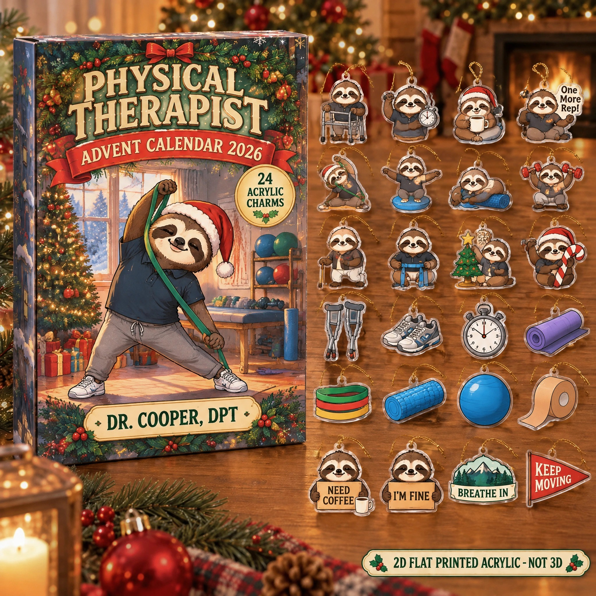 Personalized Physical Therapist Sloth advent calendar box with 24 flat acrylic Christmas charms