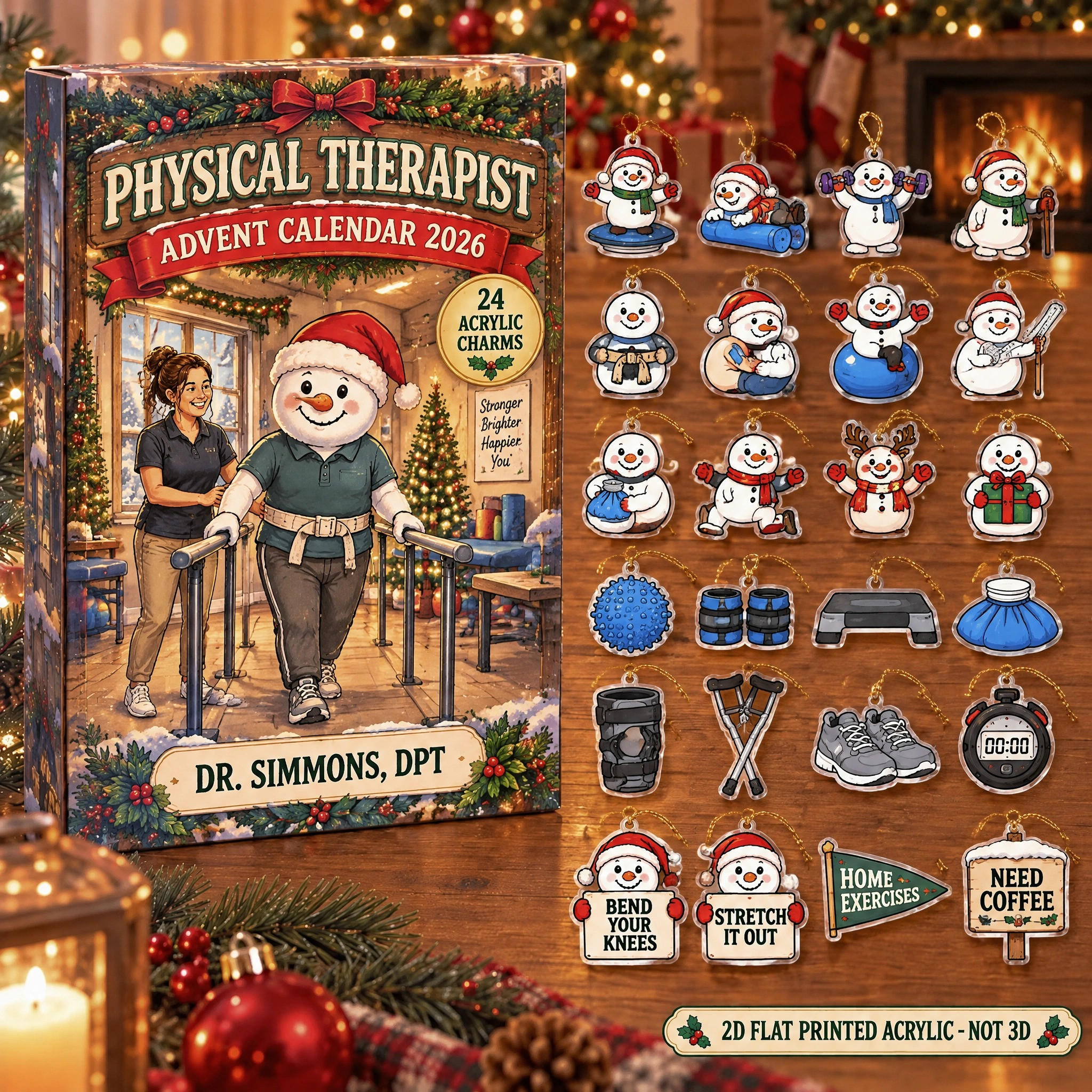 Personalized Physical Therapist Snowman advent calendar box with 24 flat acrylic Christmas charms