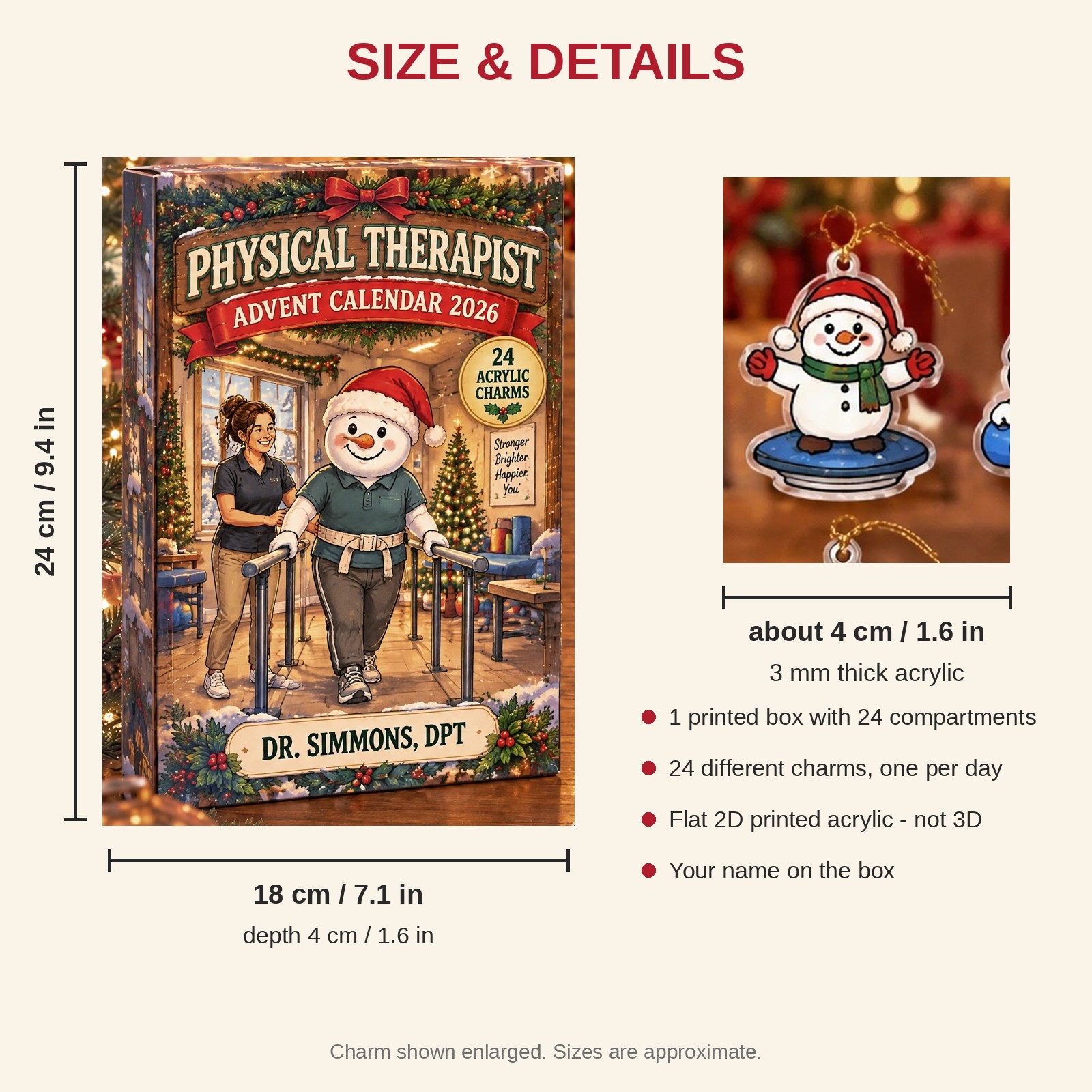 Personalized Physical Therapist Snowman advent calendar box with 24 flat acrylic Christmas charms: box and charm sizes