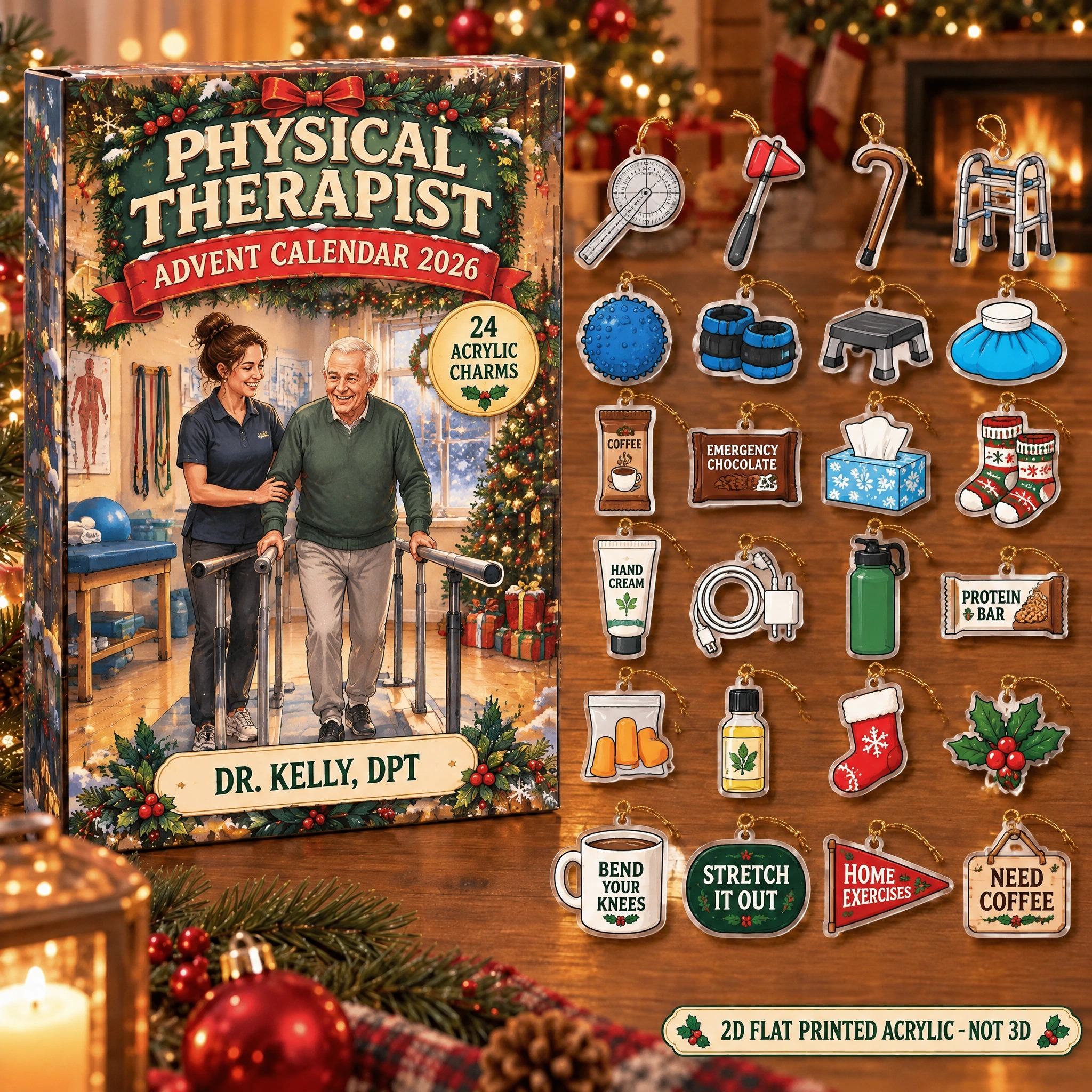 Personalized PT Survival Kit advent calendar box with 24 flat acrylic Christmas charms