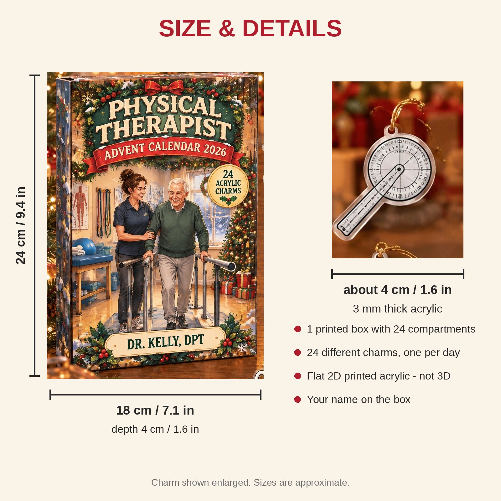 Personalized PT Survival Kit advent calendar box with 24 flat acrylic Christmas charms: box and charm sizes