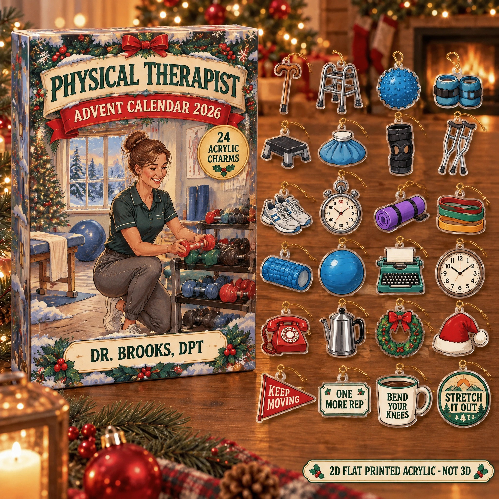 Personalized Vintage Physical Therapist advent calendar box with 24 flat acrylic Christmas charms