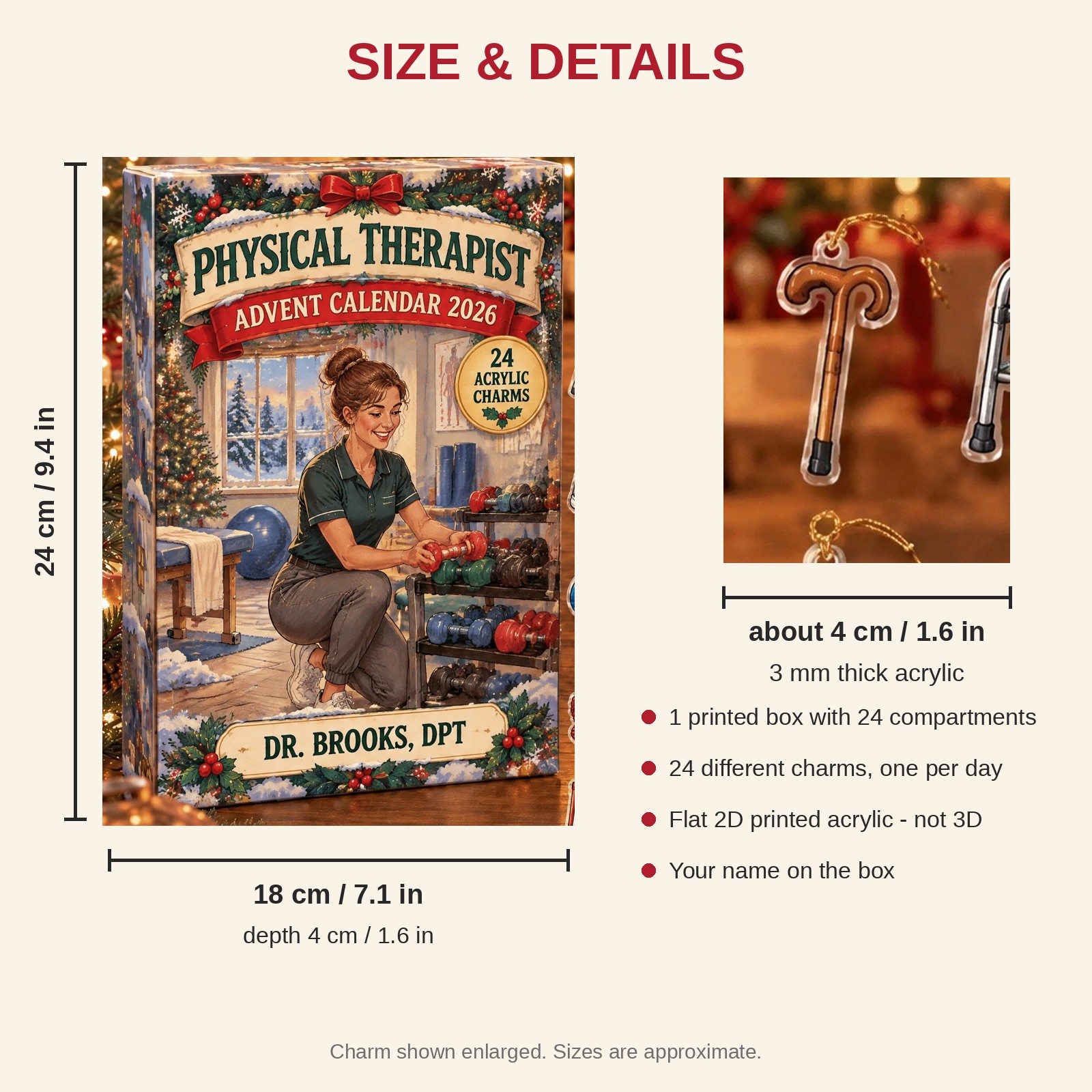 Personalized Vintage Physical Therapist advent calendar box with 24 flat acrylic Christmas charms: box and charm sizes