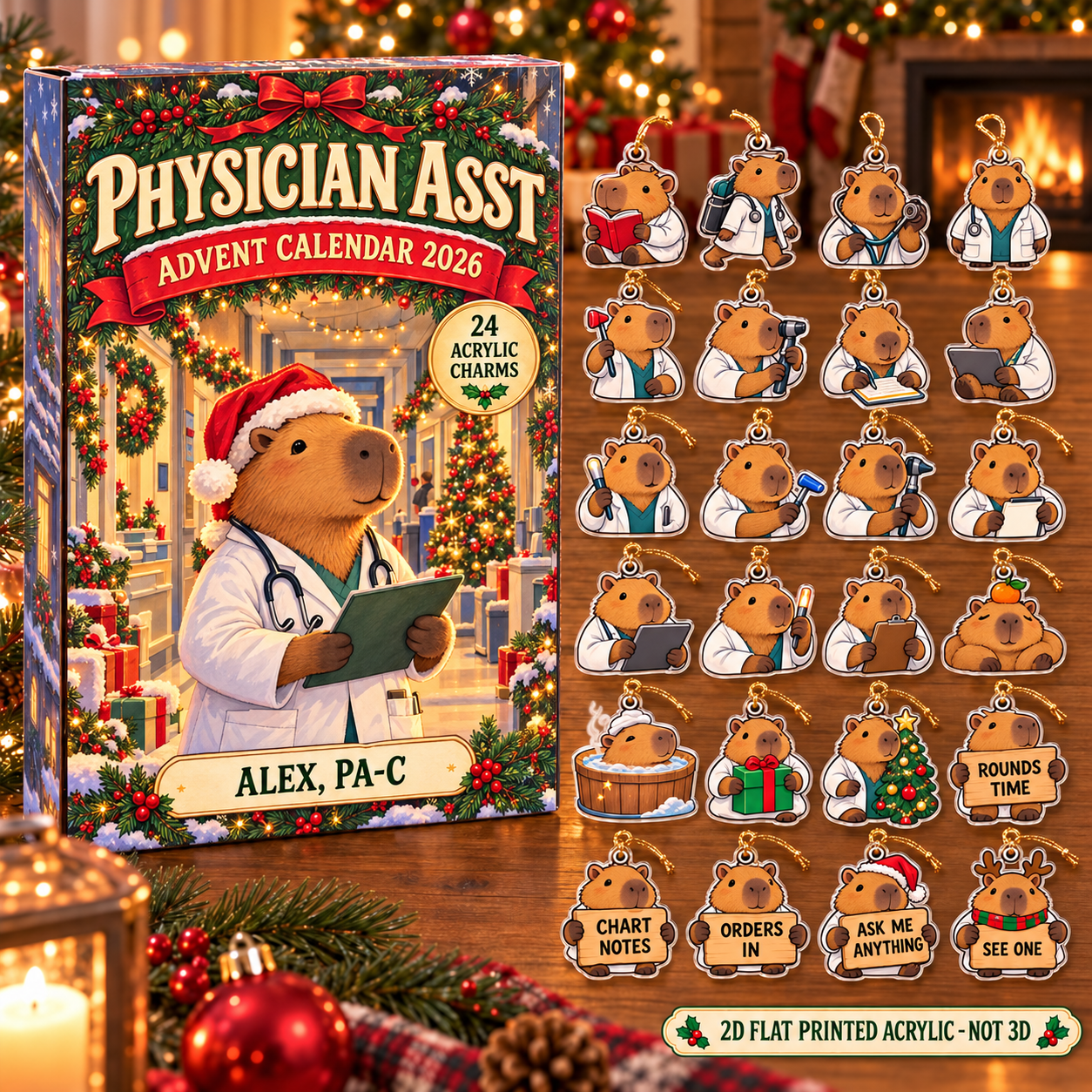 Personalized Physician Assistant Capybara advent calendar box with 24 flat acrylic Christmas charms