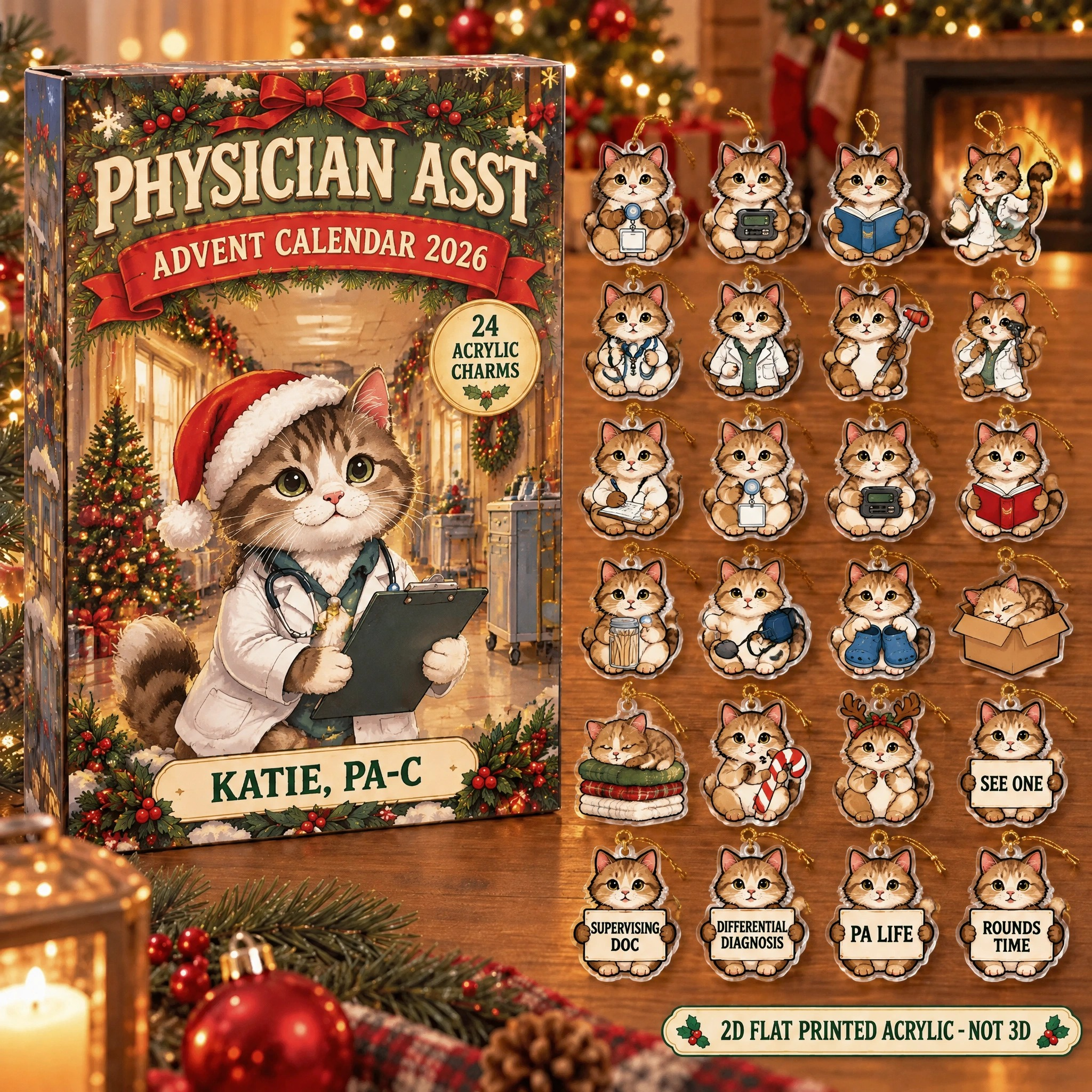 Personalized Physician Assistant Cat advent calendar box with 24 flat acrylic Christmas charms