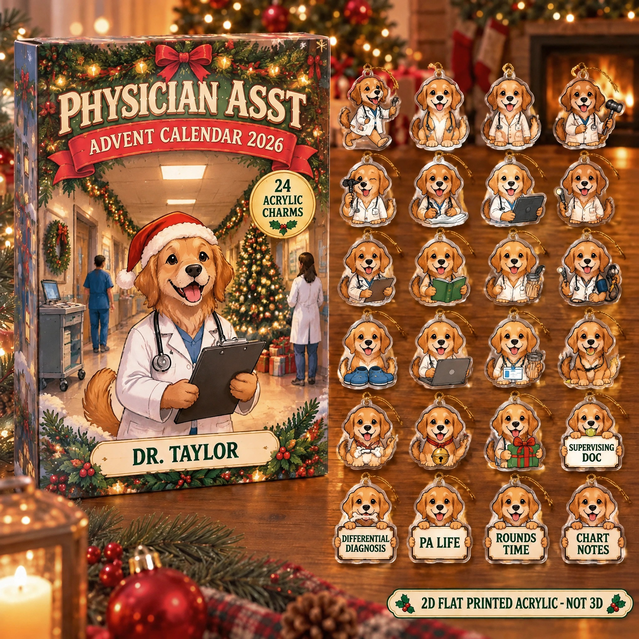 Personalized Physician Assistant Dog advent calendar box with 24 flat acrylic Christmas charms