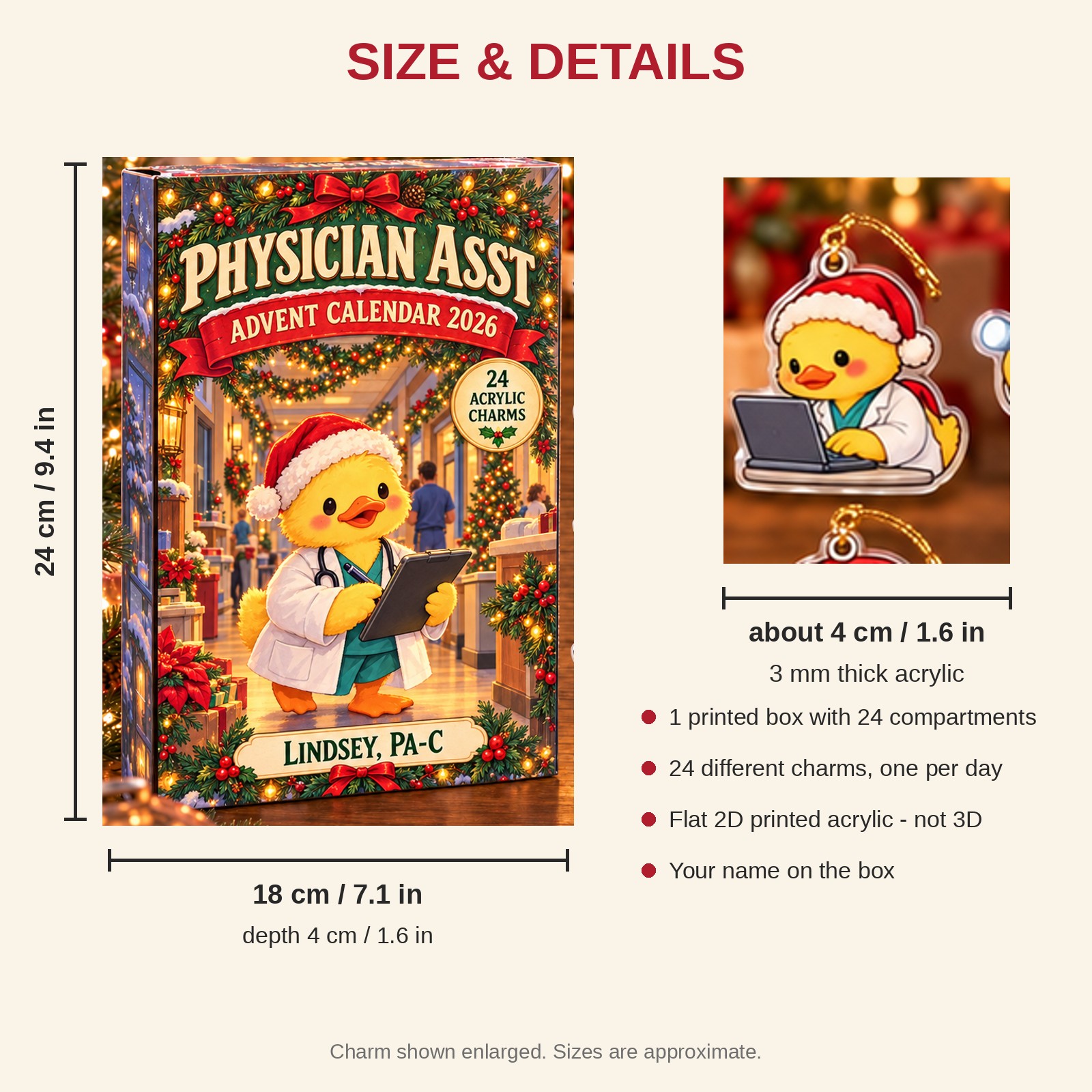 Personalized Physician Assistant Duck advent calendar box with 24 flat acrylic Christmas charms: box and charm sizes