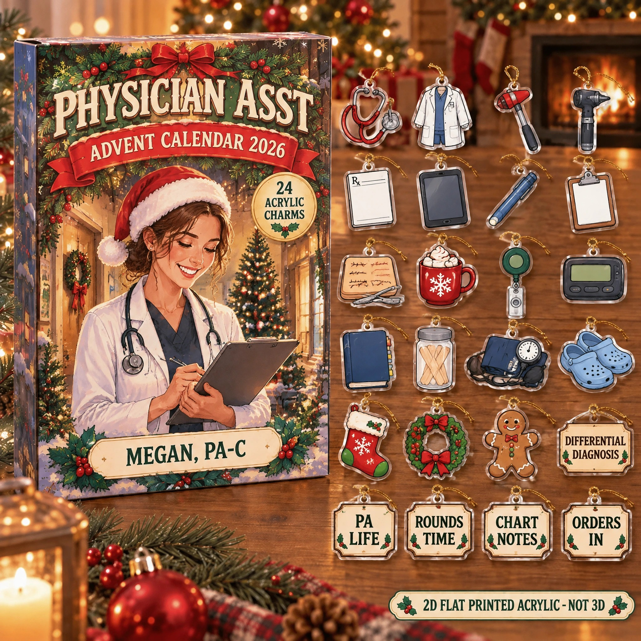 Personalized PA Essentials advent calendar box with 24 flat acrylic Christmas charms