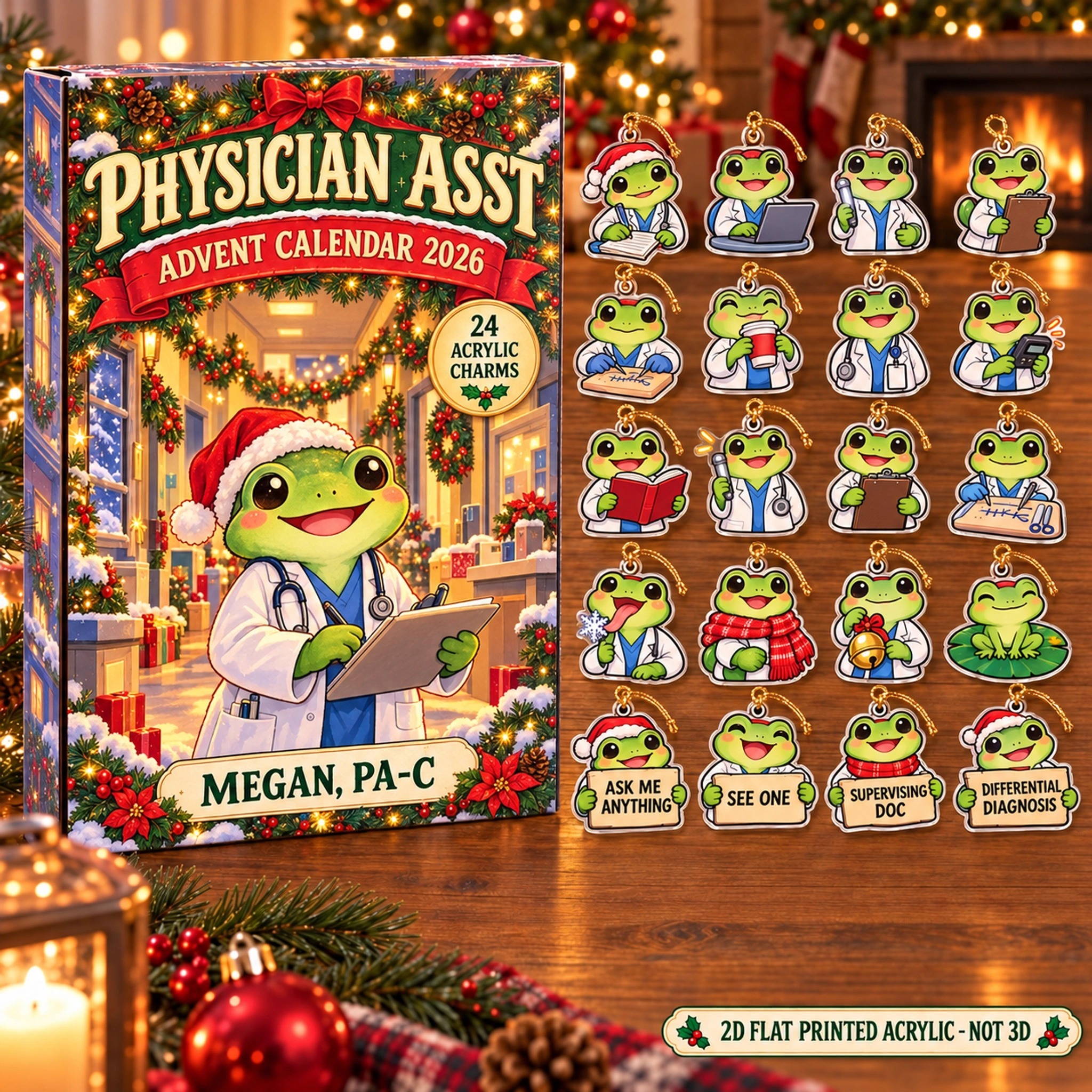 Personalized Physician Assistant Frog advent calendar box with 24 flat acrylic Christmas charms