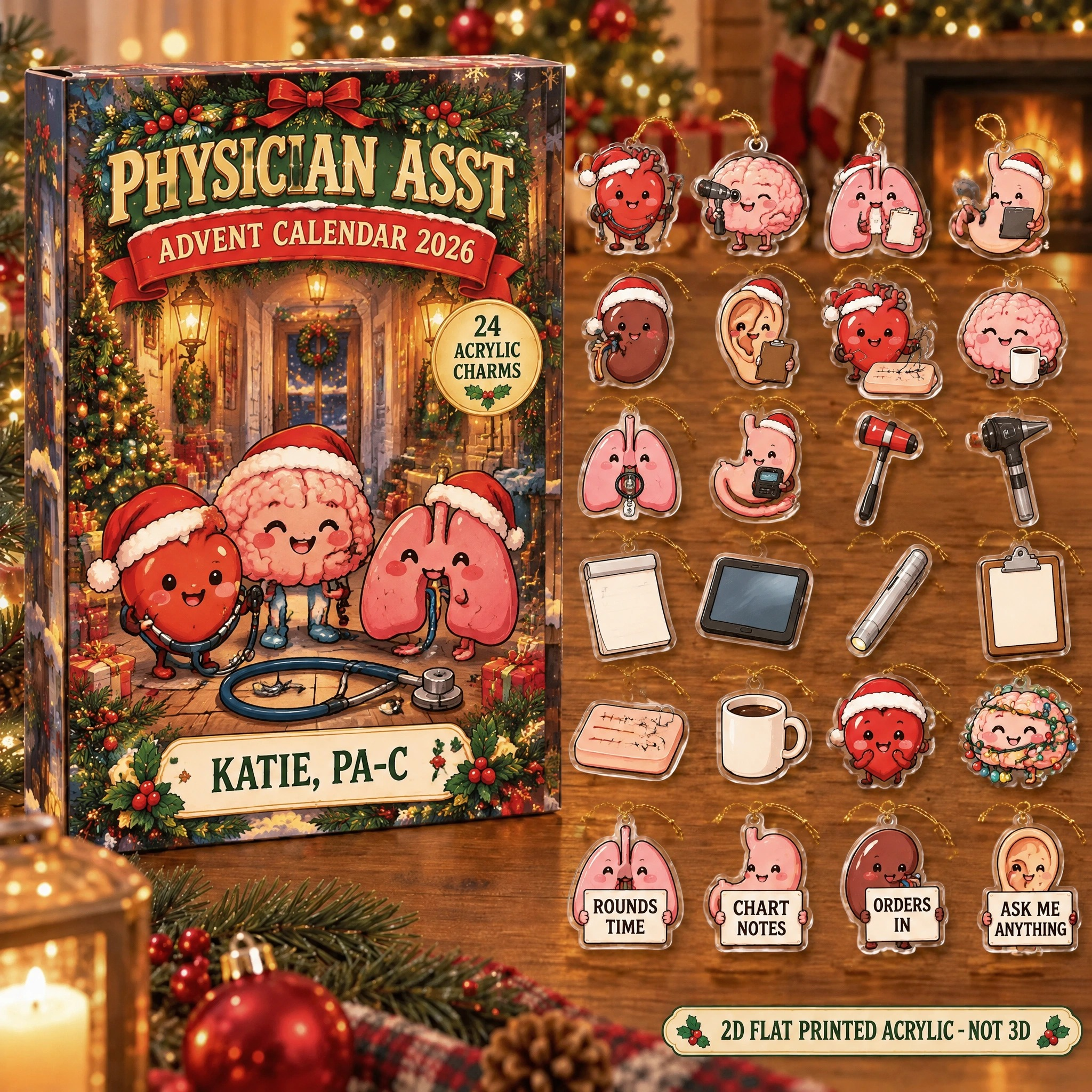 Personalized Funny Anatomy PA advent calendar box with 24 flat acrylic Christmas charms