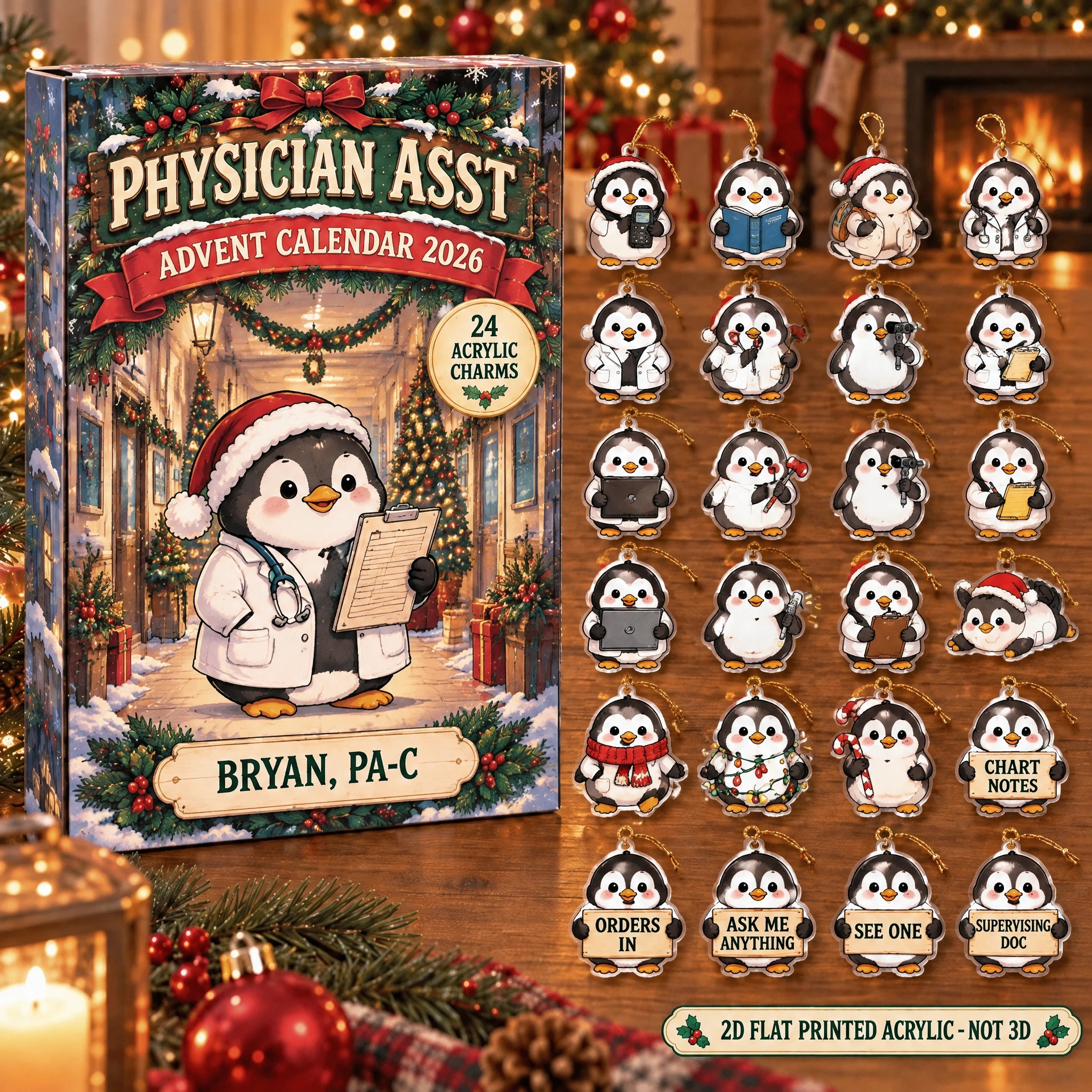 Personalized Physician Assistant Penguin advent calendar box with 24 flat acrylic Christmas charms