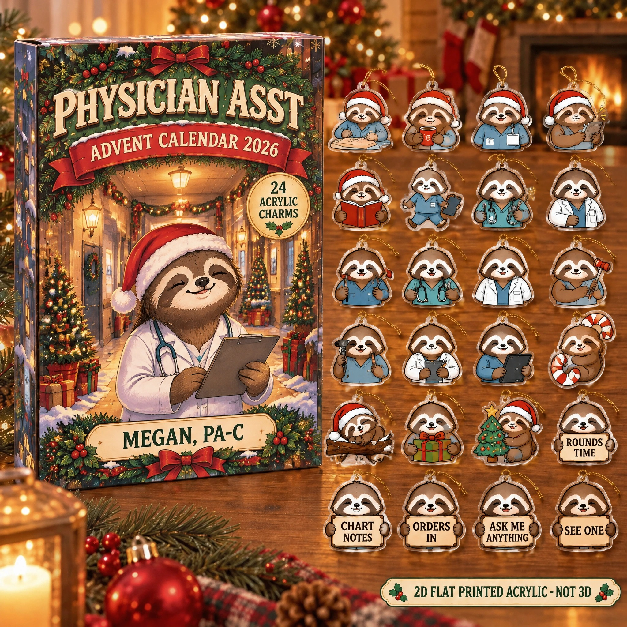 Personalized Physician Assistant Sloth advent calendar box with 24 flat acrylic Christmas charms