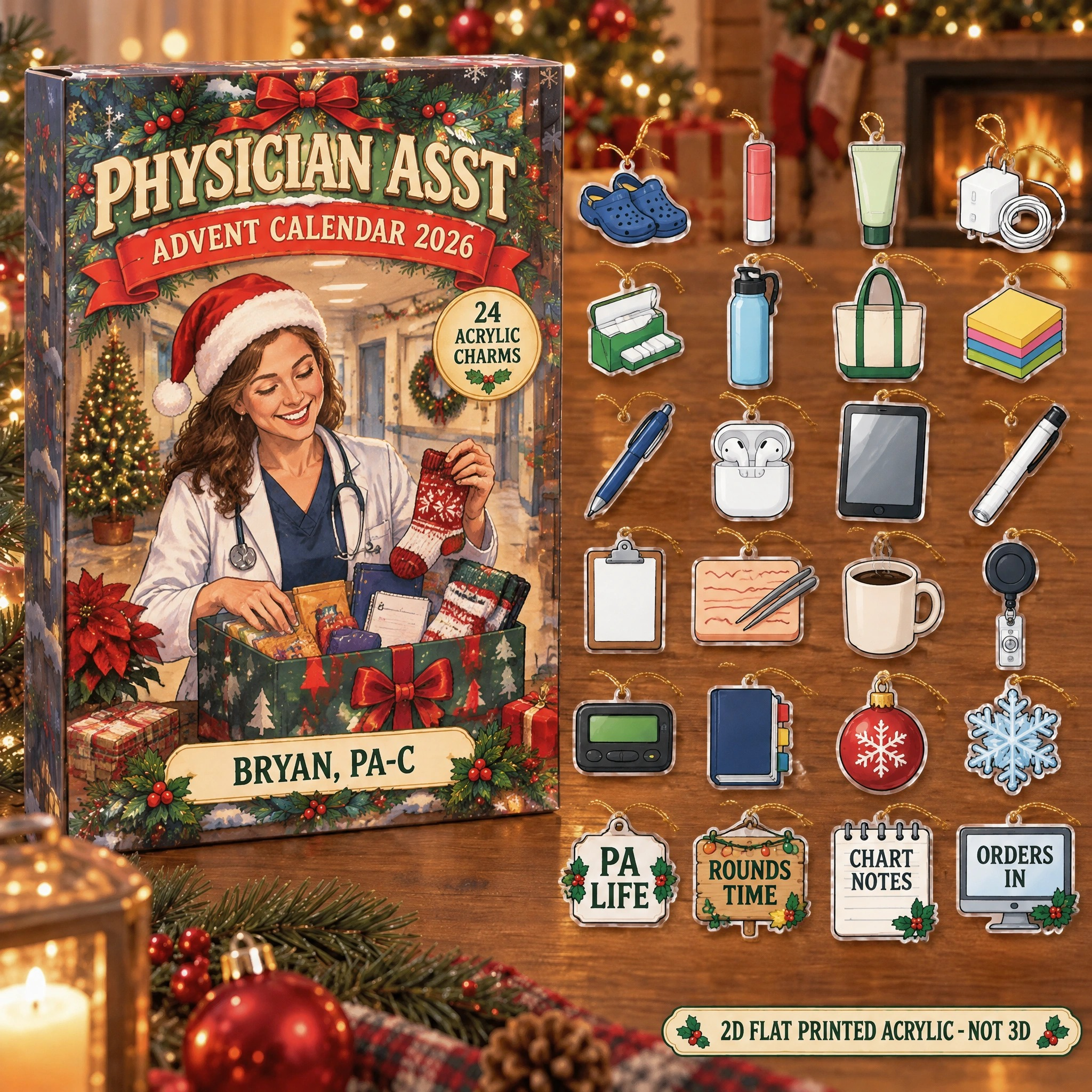 Personalized PA Survival Kit advent calendar box with 24 flat acrylic Christmas charms
