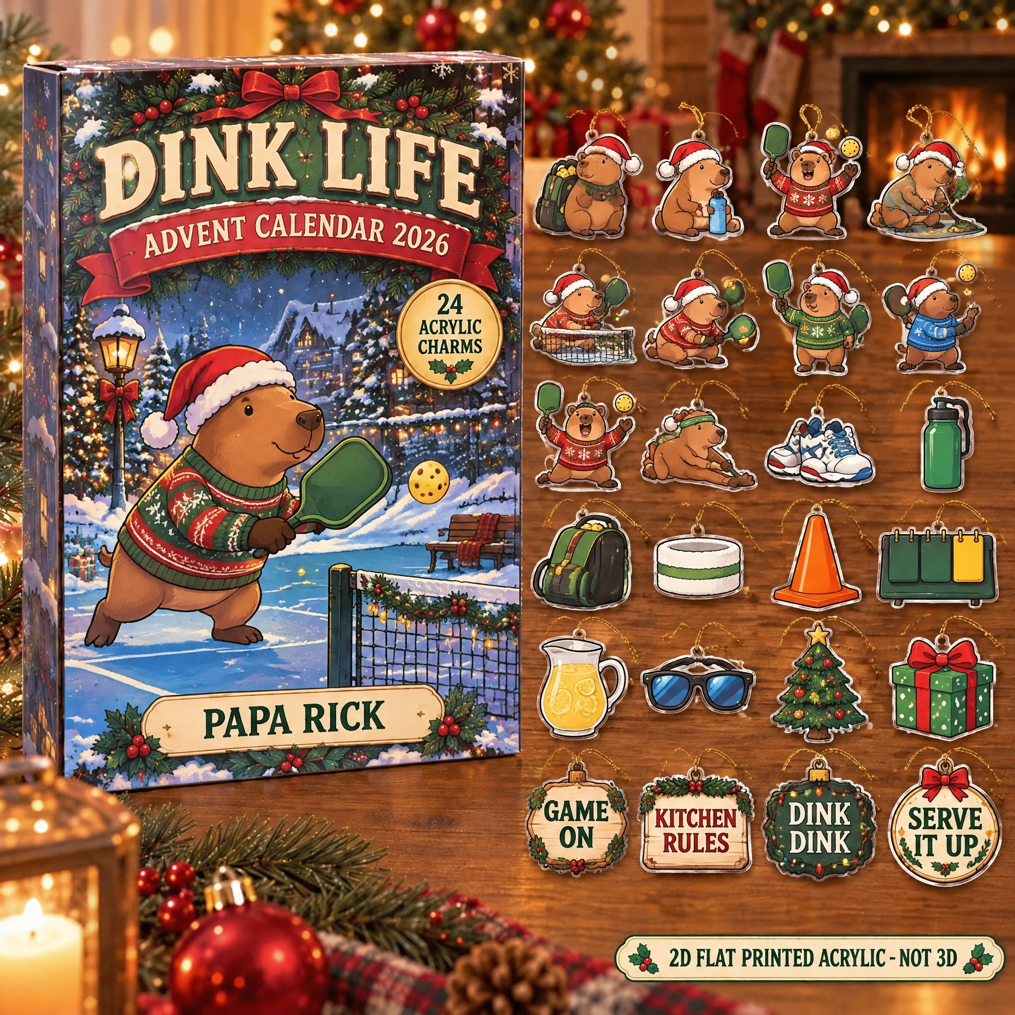 Personalized Pickleball Capybara advent calendar box with 24 flat acrylic Christmas charms