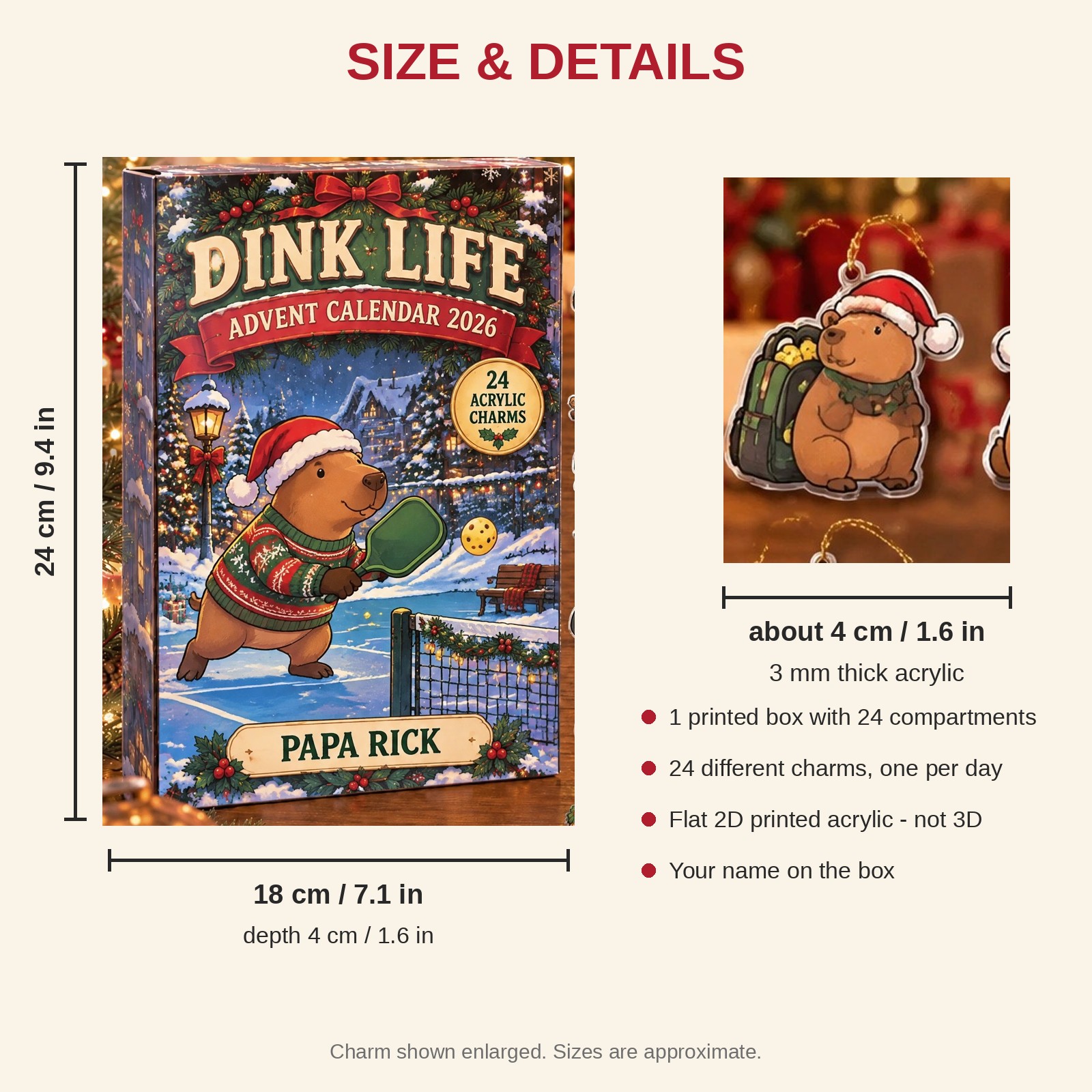 Personalized Pickleball Capybara advent calendar box with 24 flat acrylic Christmas charms: box and charm sizes